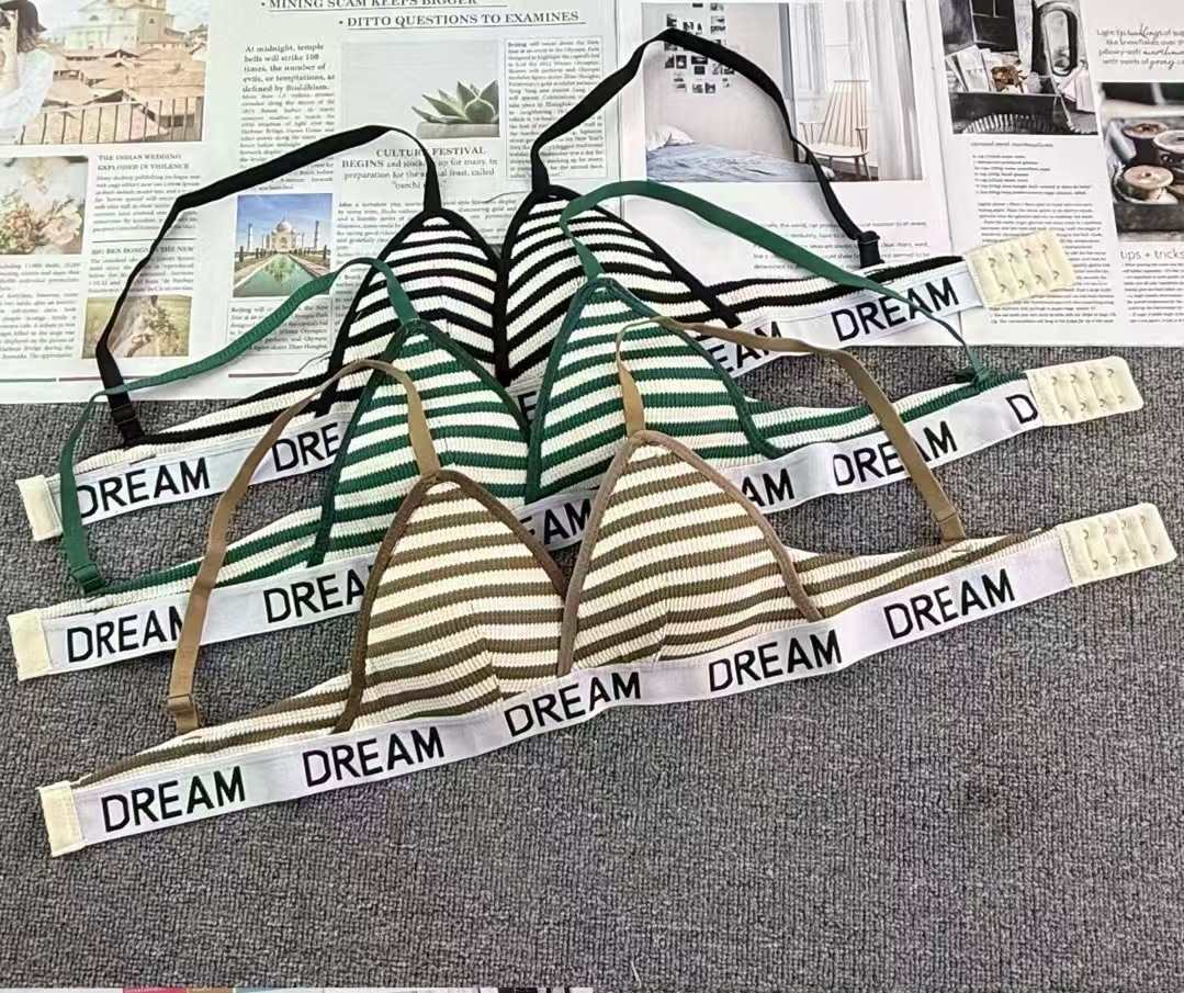 1501# French Lingerie Thin Set for Export, women's small breasts gathered together to show big letter stripes, hot girls sexy, pure cotton triangular cup bra cover, summer QNI full figure