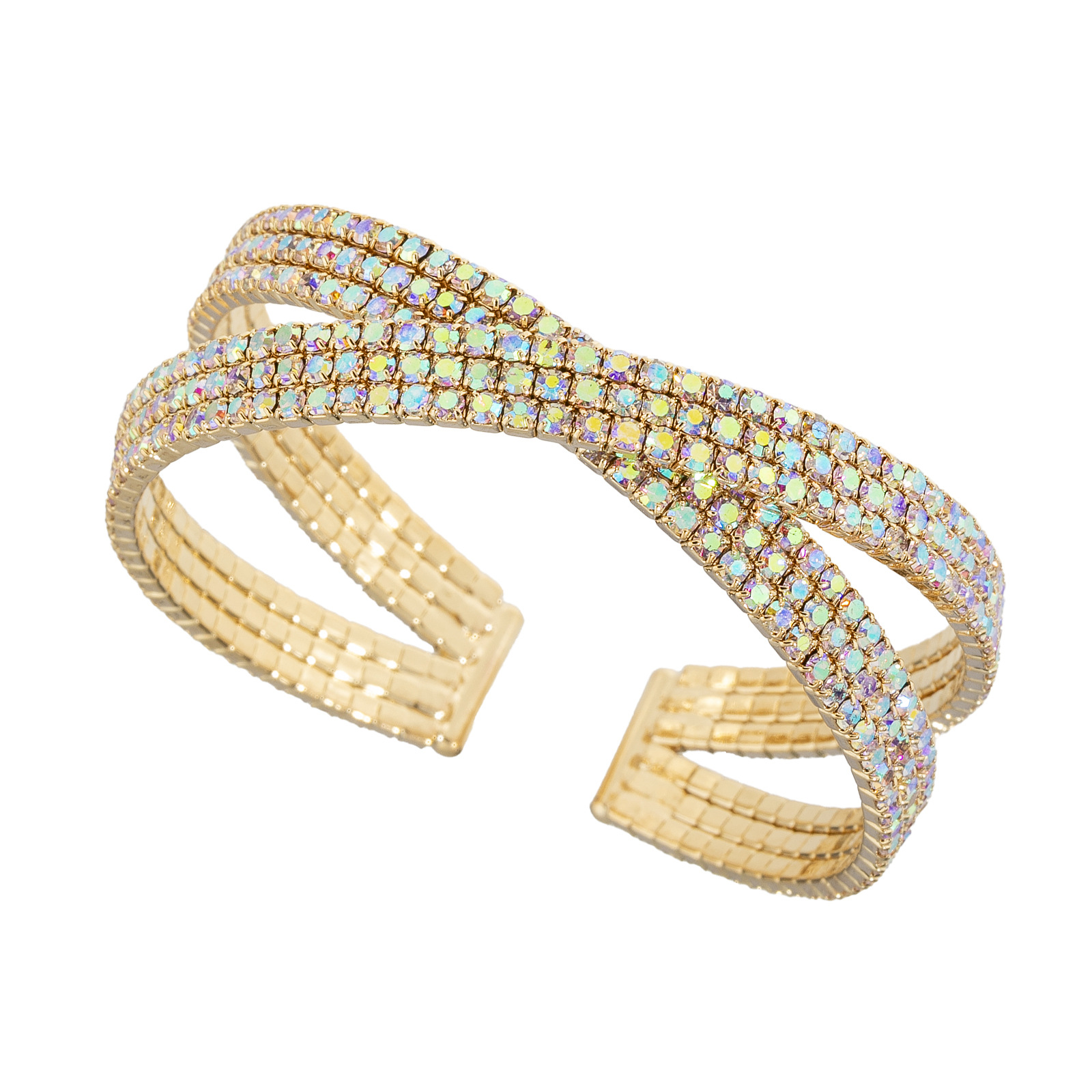 This is a Japanese and Korean InS-style steel wire open bracelet with a cross-design for women. It features shiny rhinestone and is a fashionable and versatile bracelet full figure