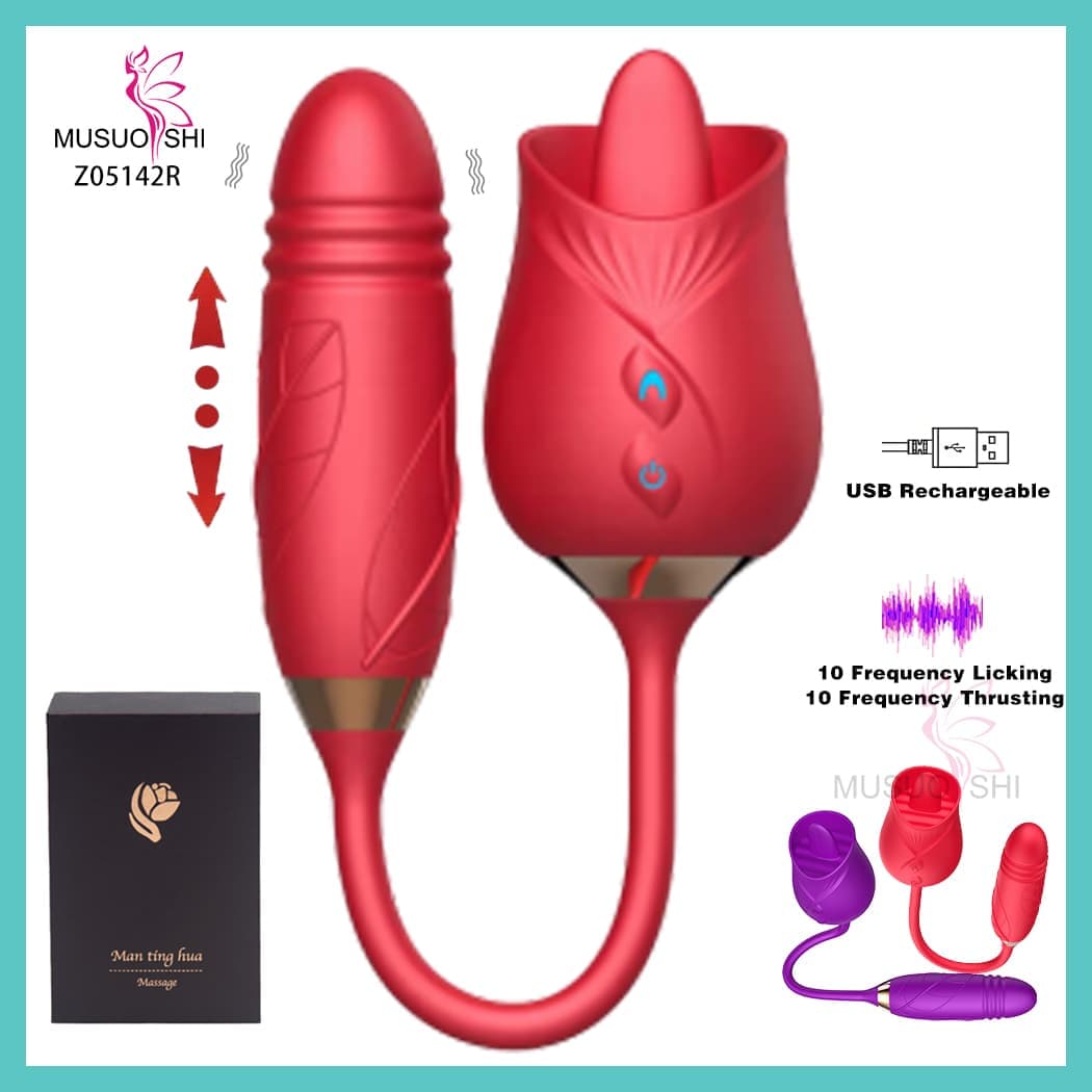 Z05142R  Double Head Vibrator Sexy Rose Design Telescopic Masturbation Tool Featuring Thrusting Tongue Licking Clitoral G Spot full figure