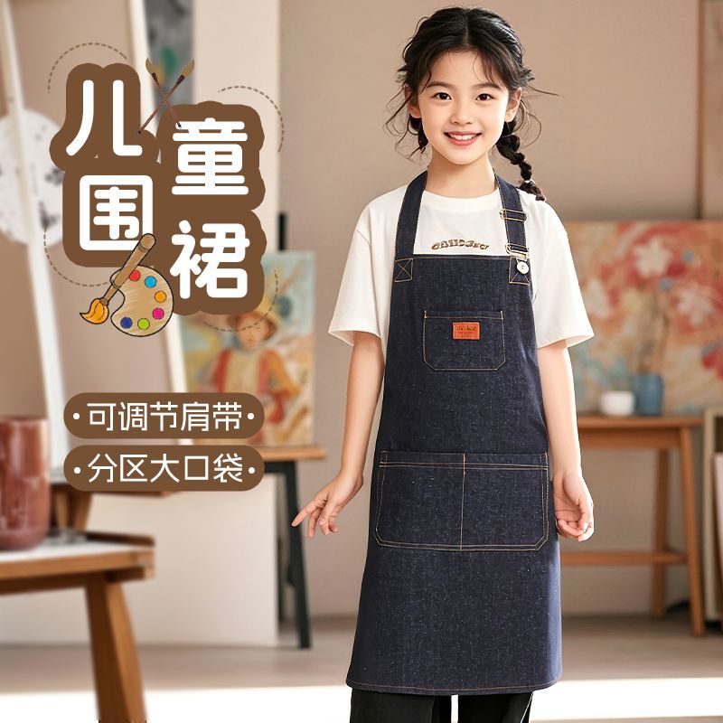 Denim canvas apron, kitchen, home cooking, drawing, milk tea shop, neck-hanging, adjustable waistband, work clothes, wear-resistant, customized logo for work Specification image
