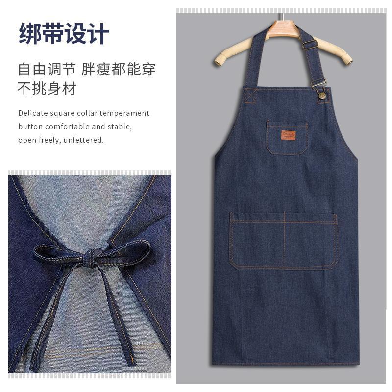Denim canvas apron, kitchen, home cooking, drawing, milk tea shop, neck-hanging, adjustable waistband, work clothes, wear-resistant, customized logo for work detail image 9
