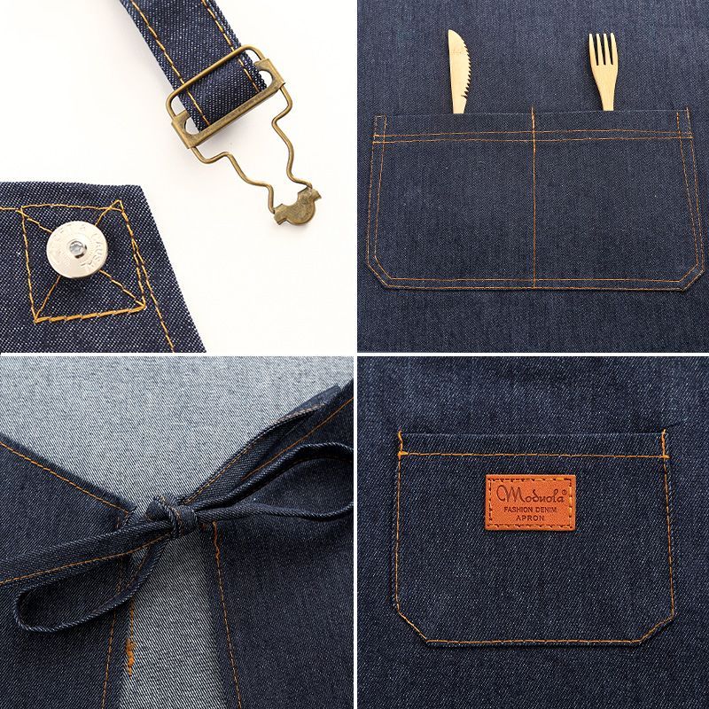Denim canvas apron, kitchen, home cooking, drawing, milk tea shop, neck-hanging, adjustable waistband, work clothes, wear-resistant, customized logo for work detail image 8