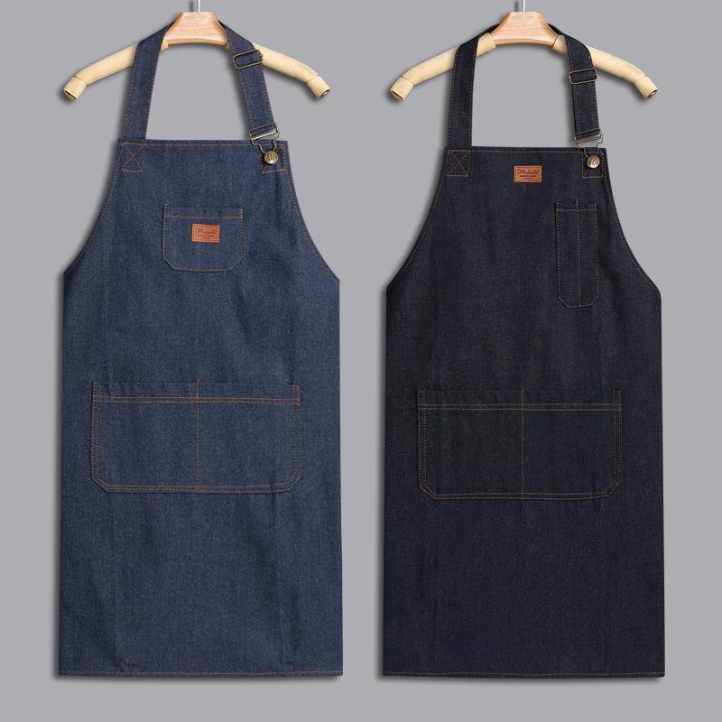 Denim canvas apron, kitchen, home cooking, drawing, milk tea shop, neck-hanging, adjustable waistband, work clothes, wear-resistant, customized logo for work detail image 11