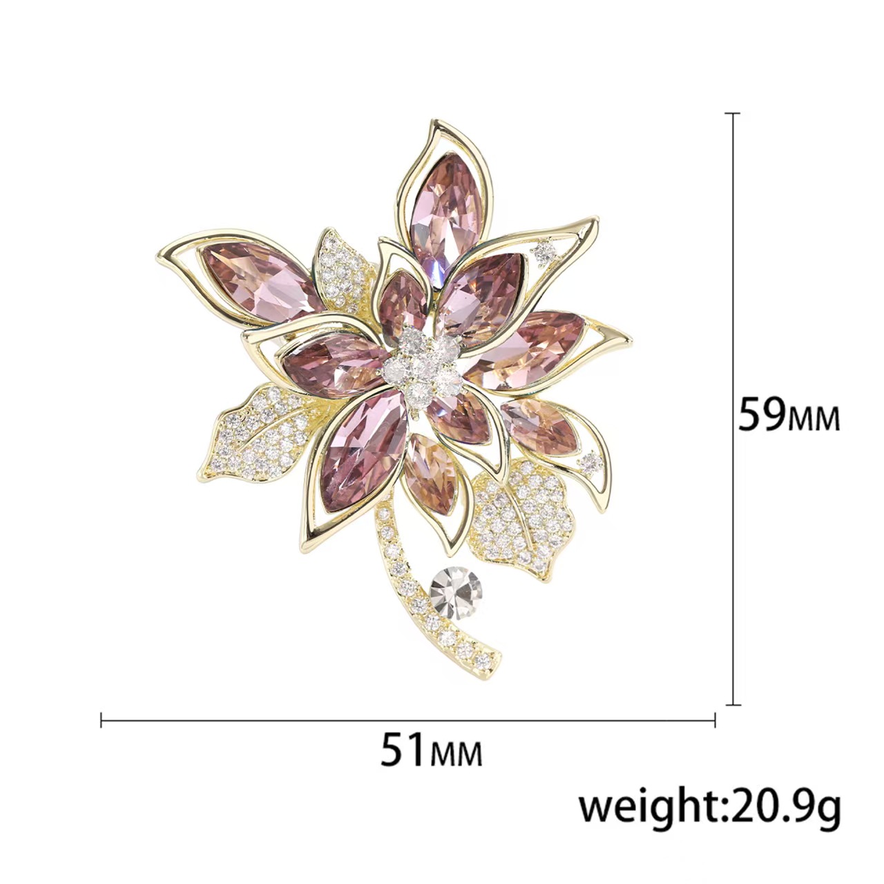 Light luxury and high-end crystal floral brooch, slightly inlaid zircon copper gold-plated brooch, elegant and refined brooch accessories wholesale Specification image