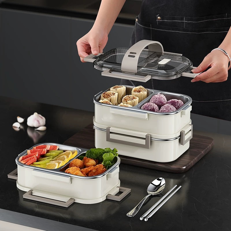 304 multi-layer insulated lunch box, stainless steel student large-capacity double-layer compartments lunch box, portable lunch box for office workers Specification image