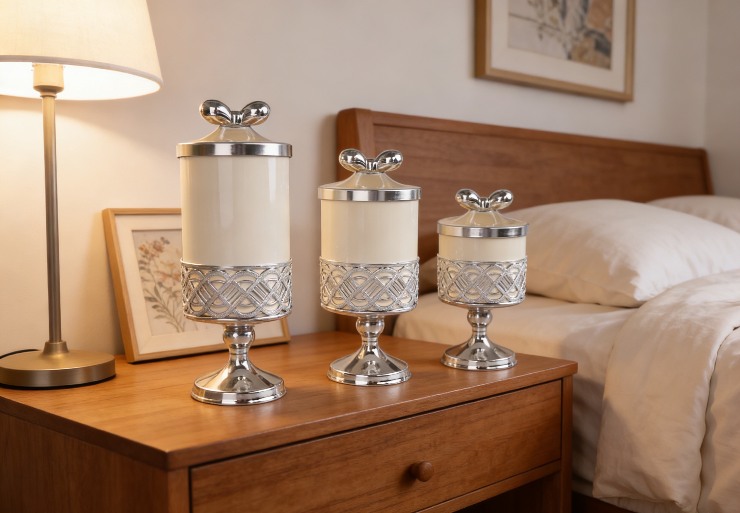 Solid white silver-rimmed beaded handle high-footed European-style jar, a versatile sealed jar, suitable for bedroom, living room and study, multi-scene decoration and storage small ornaments wholesale Specification image