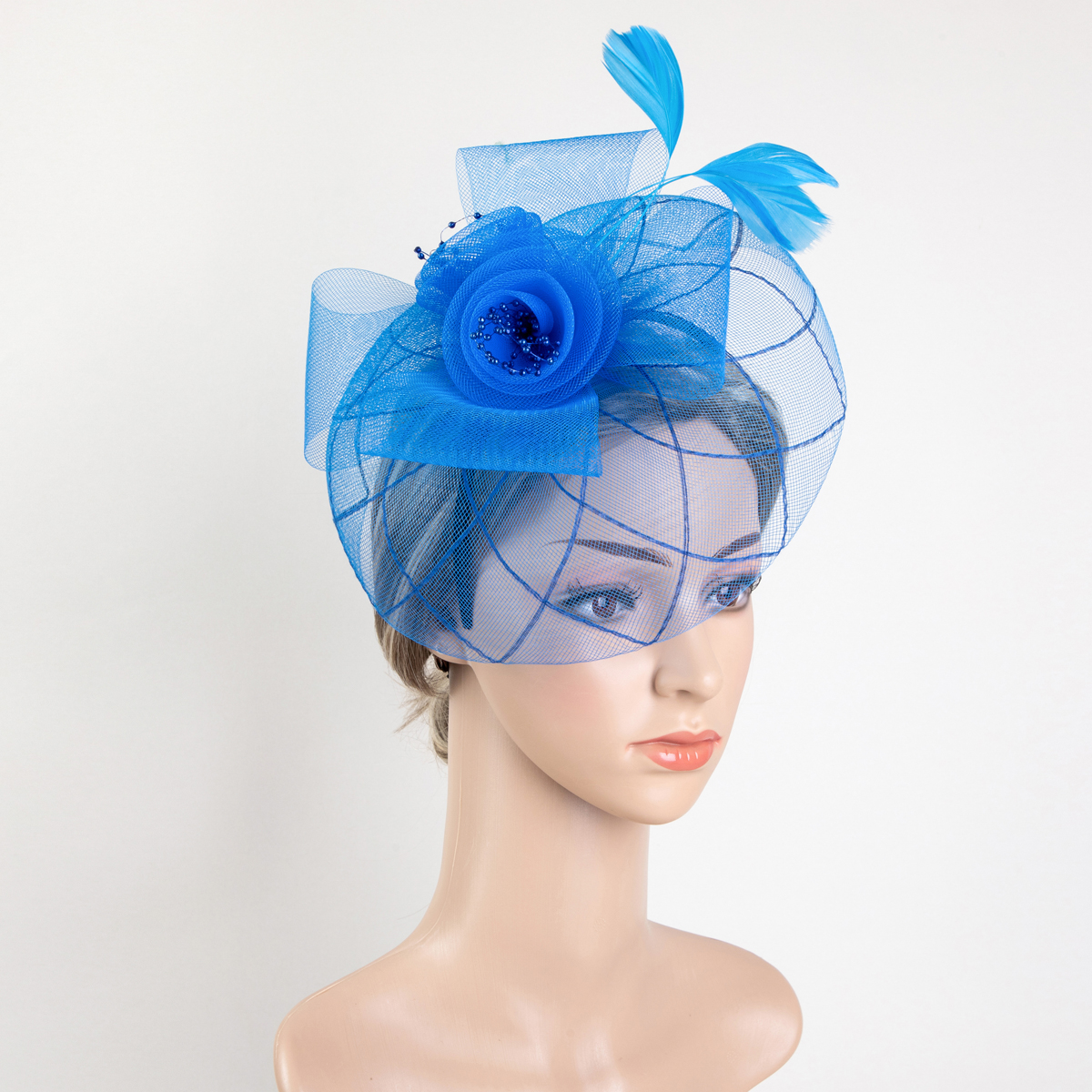 1 Lady's feather flower handmade veil mesh charming party birthday bride hat with role-playing Halloween Christmas gift, lady's hair accessory, headband and clip for two uses Item Picture