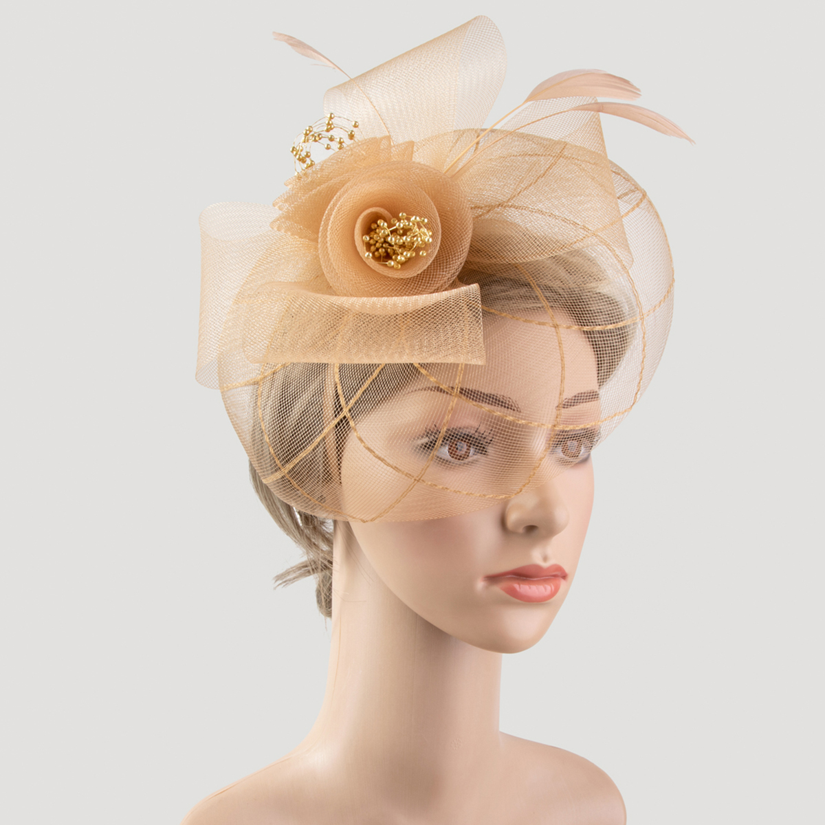 1 Lady's feather flower handmade veil mesh charming party birthday bride hat with role-playing Halloween Christmas gift, lady's hair accessory, headband and clip for two uses Specification image