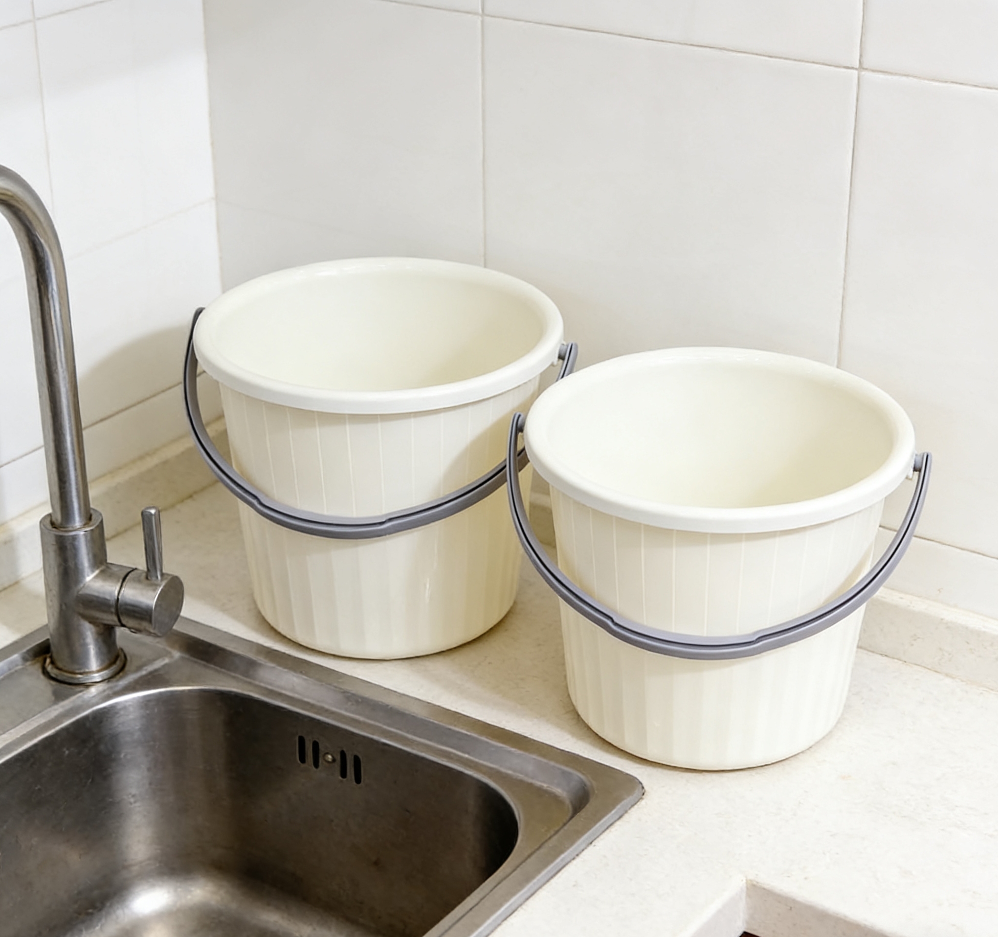 Wholesale of simple vertical striped plastic water buckets, kitchen hand-held water buckets, and large-capacity cleaning buckets for bathrooms Item Picture