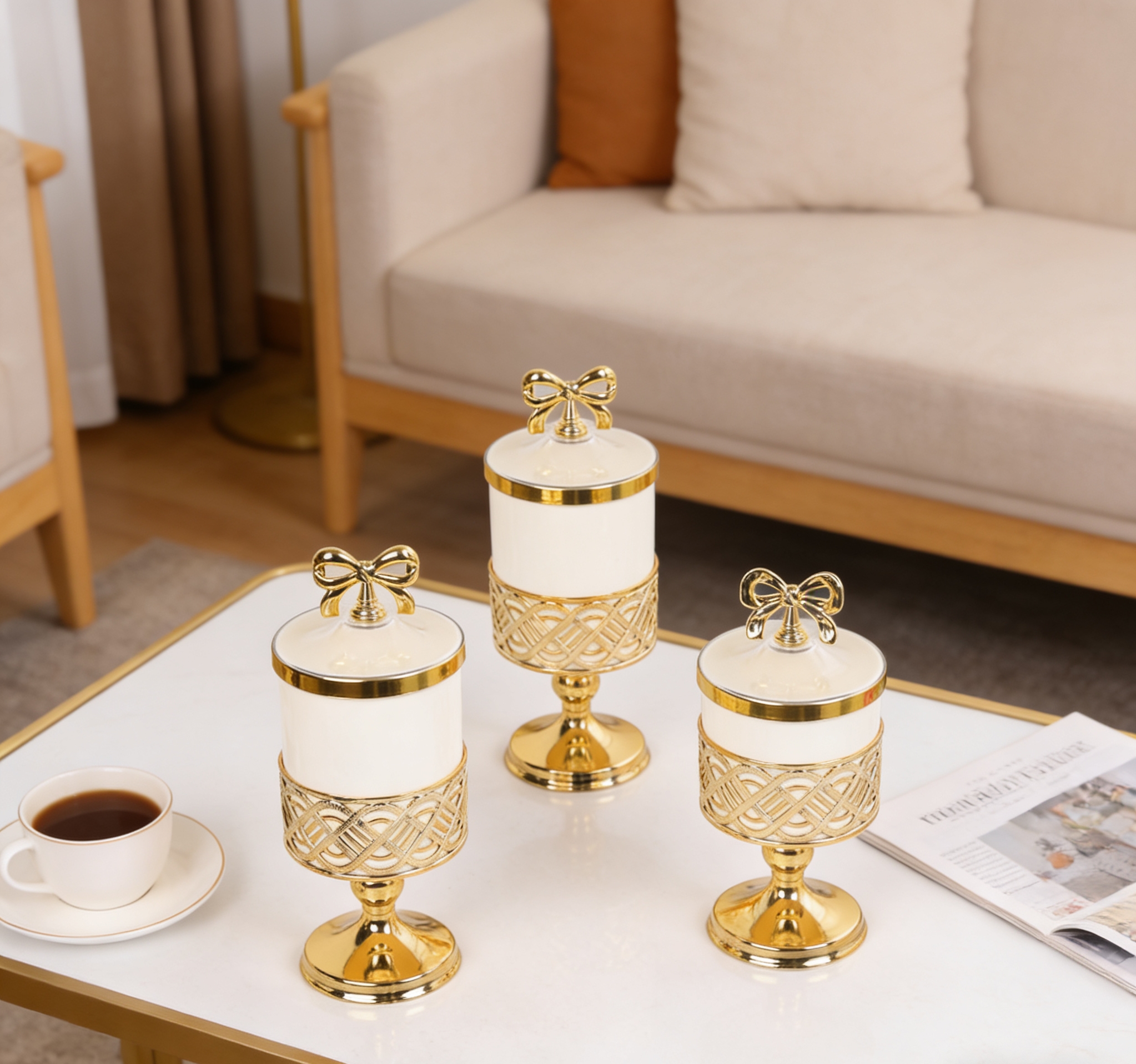 White gold edge high-footed European-style jars, European-style golden bow glass storage jars, light luxury decorative storage jars, wholesale ornaments details Picture