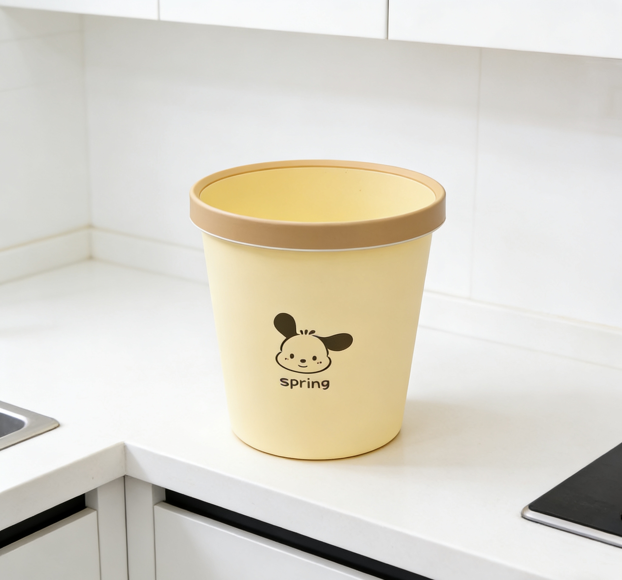 黄色卡通垃圾桶压圈家用卫生间厨房可爱收纳桶  卡通小狗黄色垃圾桶家用客厅高颜值压圈收纳桶批发