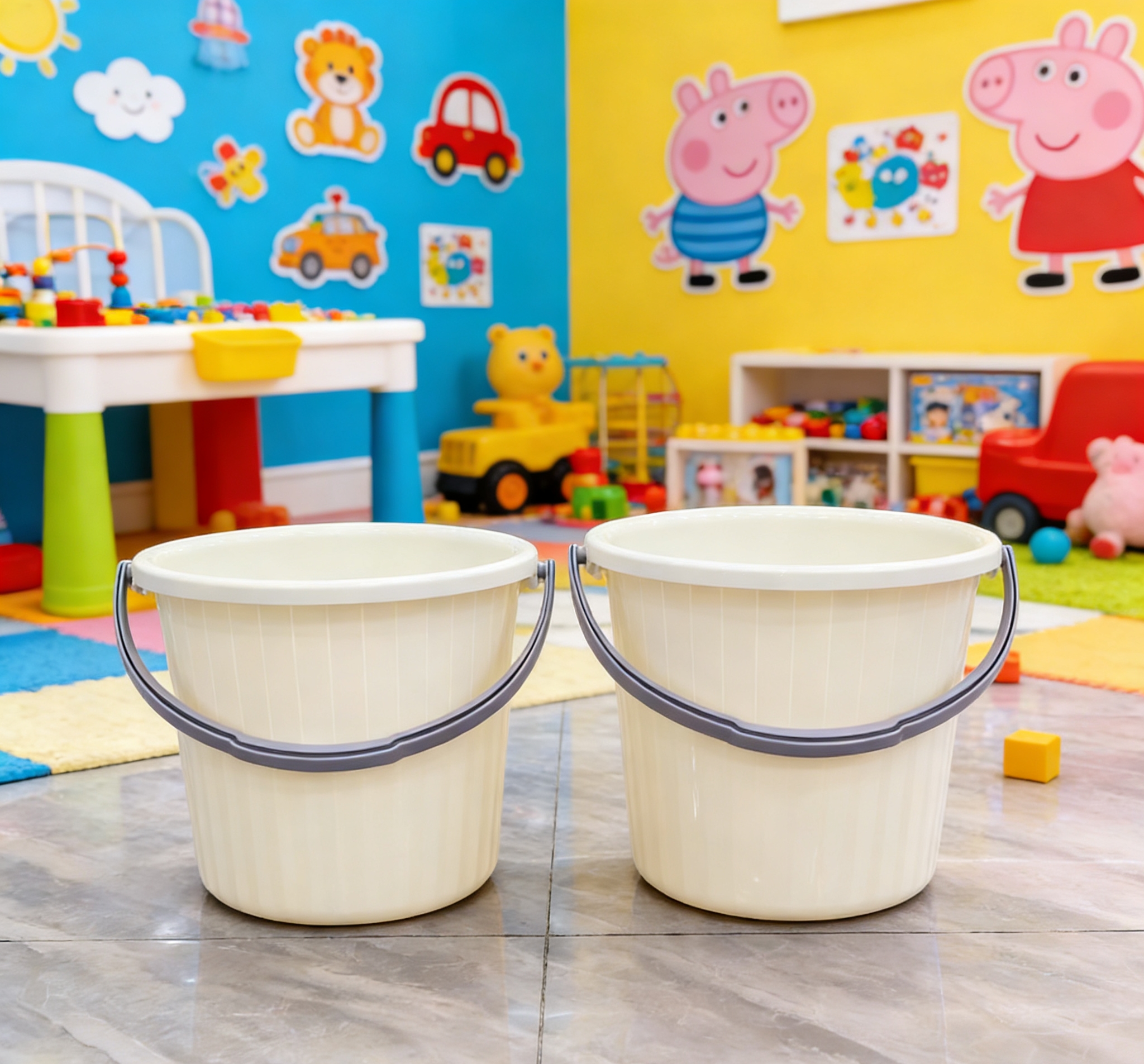 Wholesale of simple vertical striped plastic water buckets, kitchen hand-held water buckets, and large-capacity cleaning buckets for bathrooms details Picture