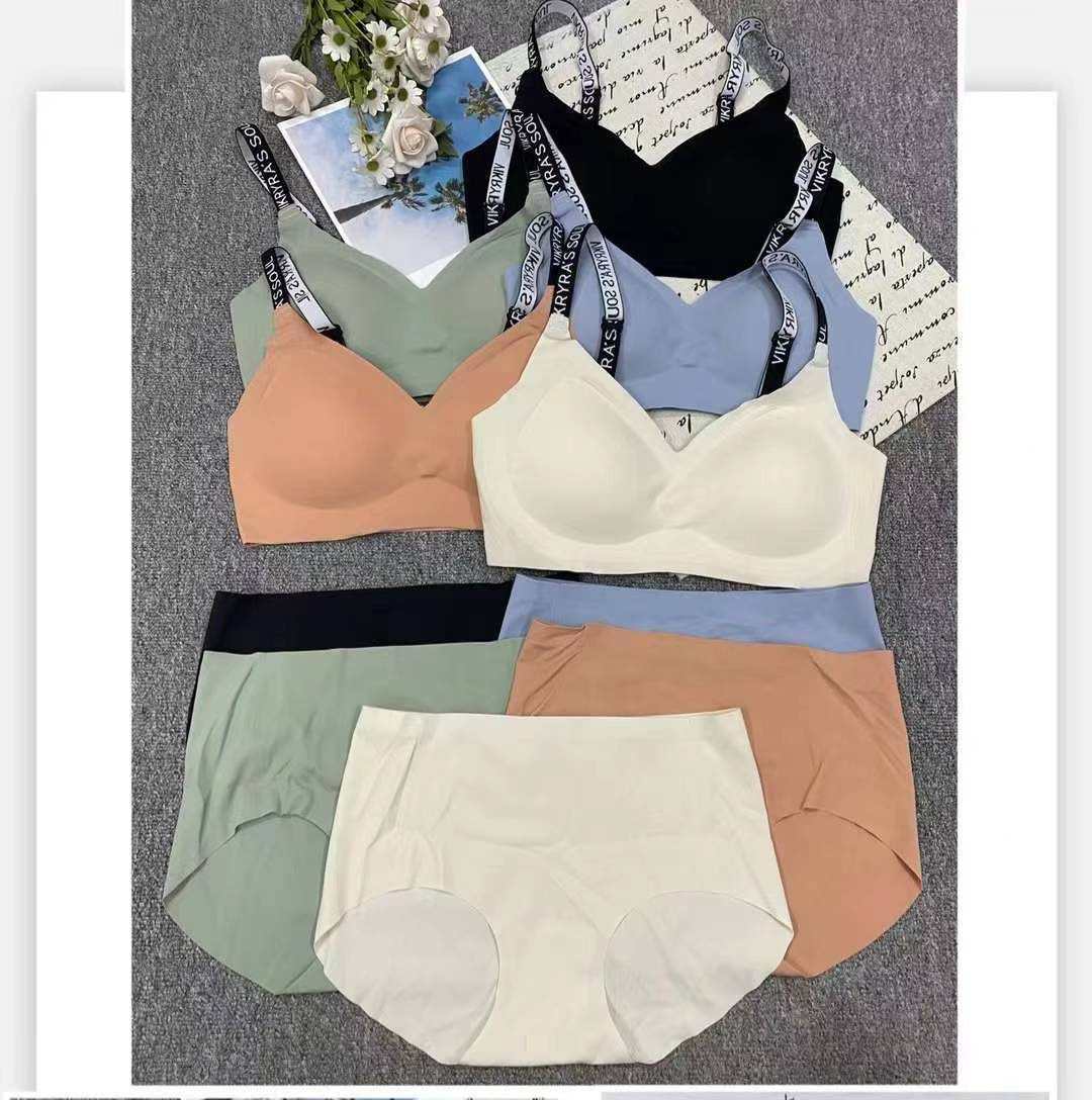 730# Foreign Trade Export Inventory Surplus Women's Bra Set, Underwear Women's Seamless Adhesive Bra, Comfortable Letter Shoulder strap Seamless Underwear Women's small chest Gathering Set QNI full figure