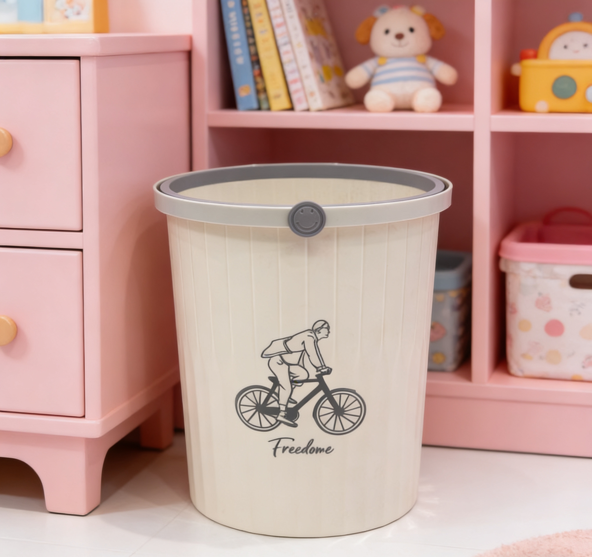 文艺风自行车图案垃圾桶卧室书房米色简约垃圾筒批发 简约自行车图案垃圾桶米色竖纹家用客厅无盖垃圾筒批发详情图5