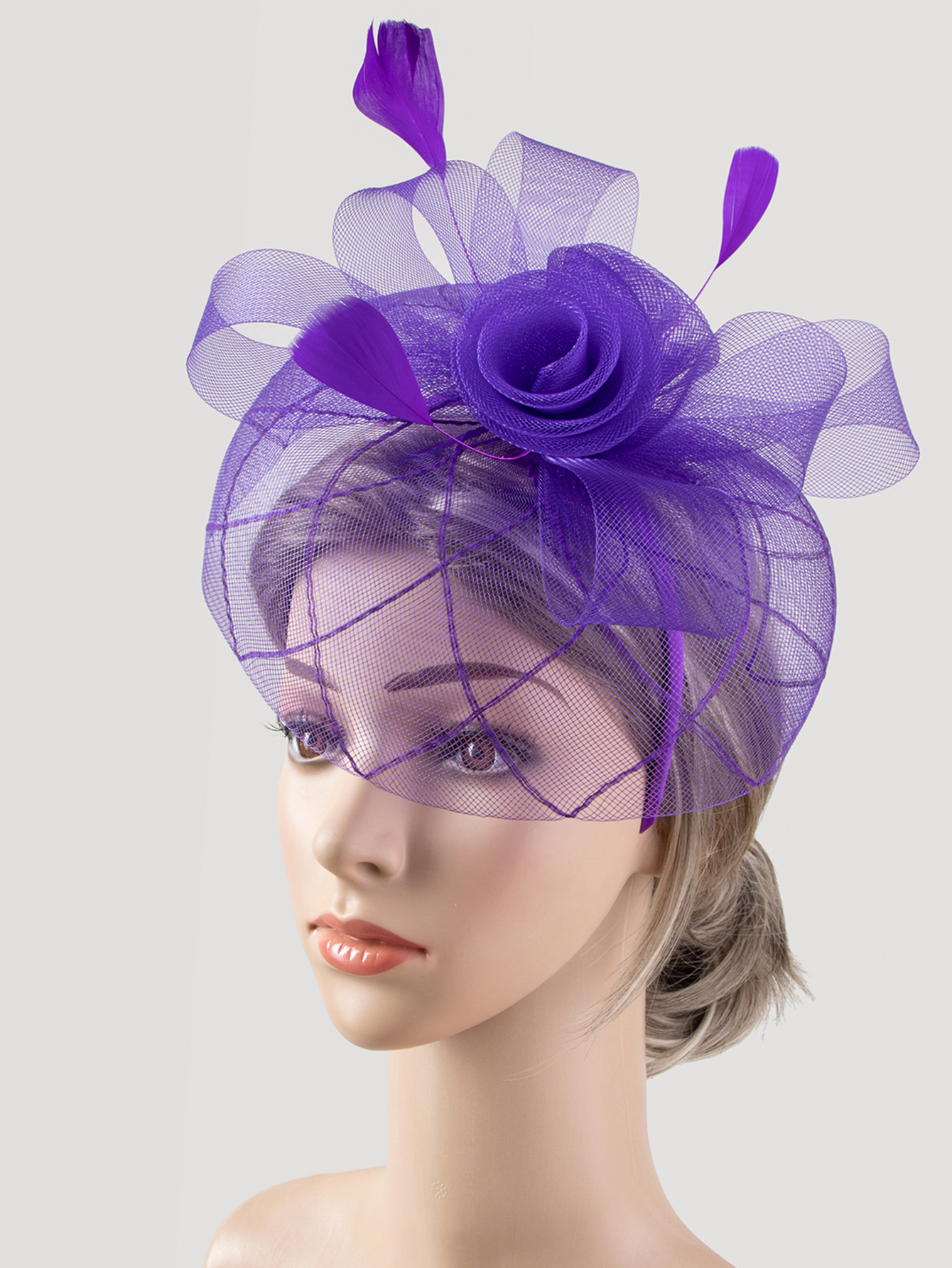 1 Lady's feather flower handmade veil mesh charming party birthday bride hat with role-playing Halloween Christmas gift, lady's hair accessory, headband and clip for two uses details Picture