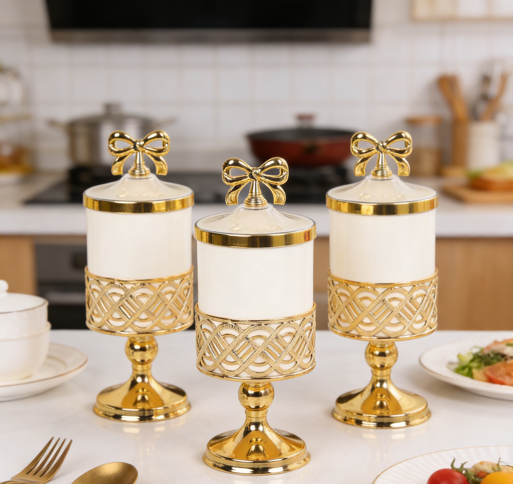 White gold edge high-footed European-style jars, European-style golden bow glass storage jars, light luxury decorative storage jars, wholesale ornaments