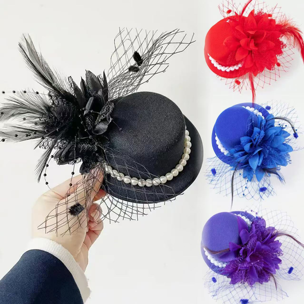 1件女式花面纱最漂亮的羽毛迷人的圣诞节万圣节派对赛马结婚帽德比帽带夹子