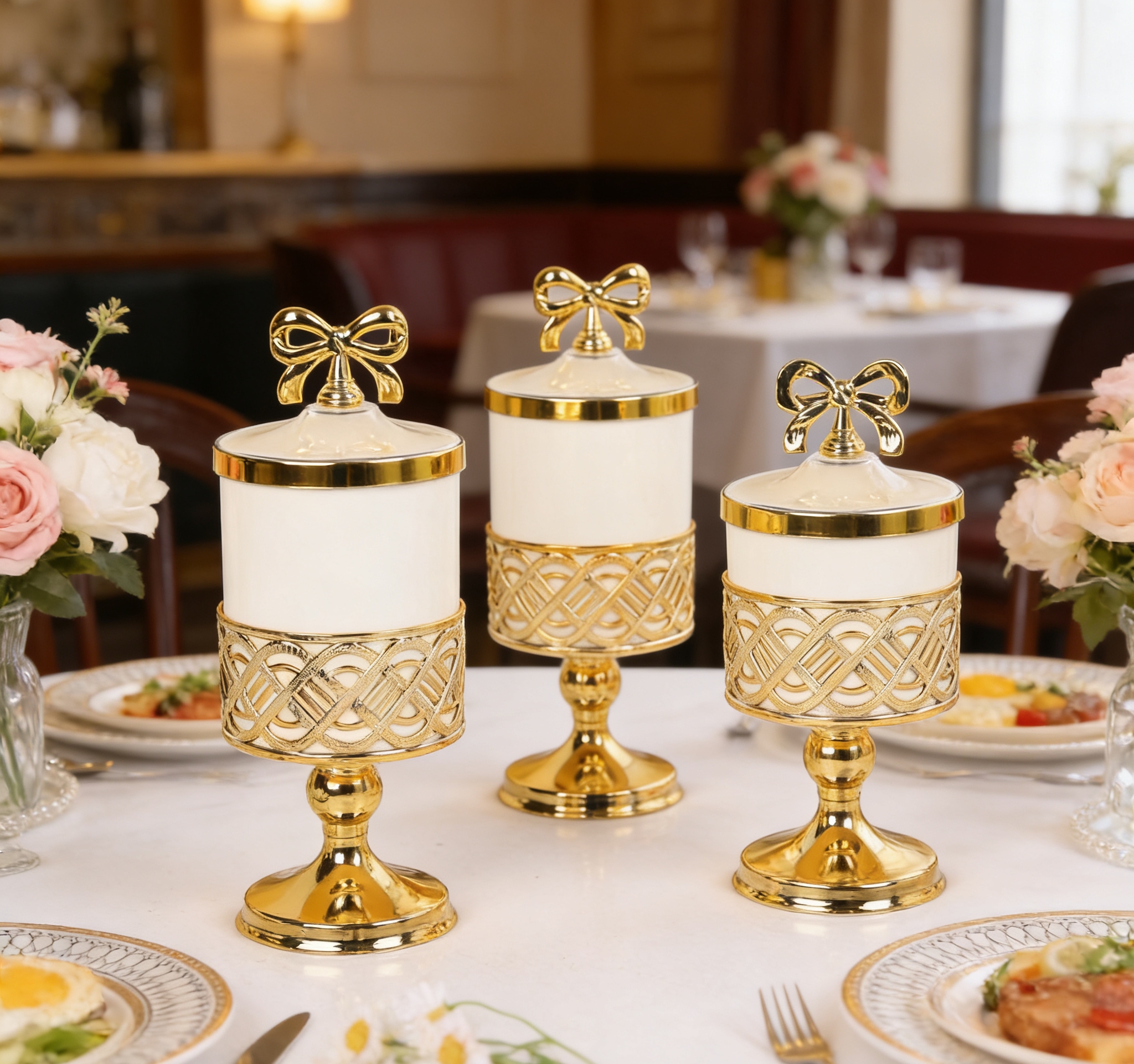 White gold edge high-footed European-style jars, European-style golden bow glass storage jars, light luxury decorative storage jars, wholesale ornaments Application Scenario