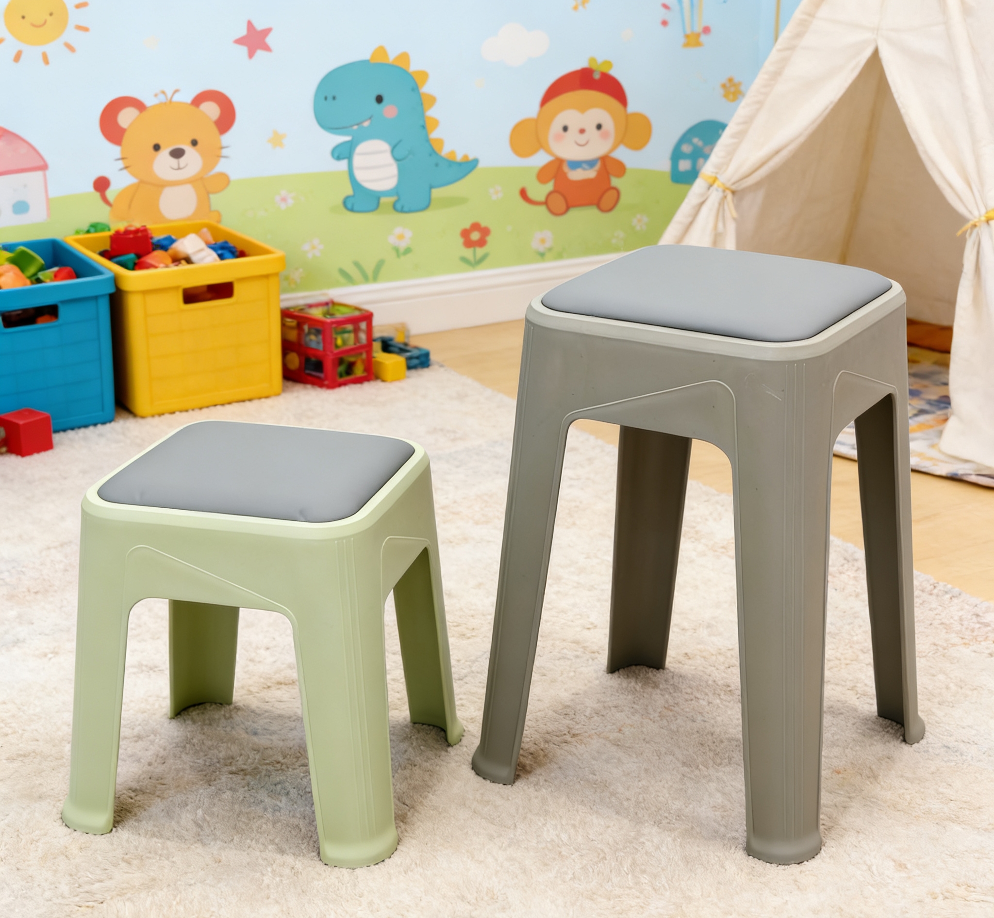 Soft and elastic plastic square stools reinforce load-bearing capacity, spare stools for living rooms and dining rooms, two-color soft-padded plastic stools, thickened anti-slip household high and low stools wholesale details Picture
