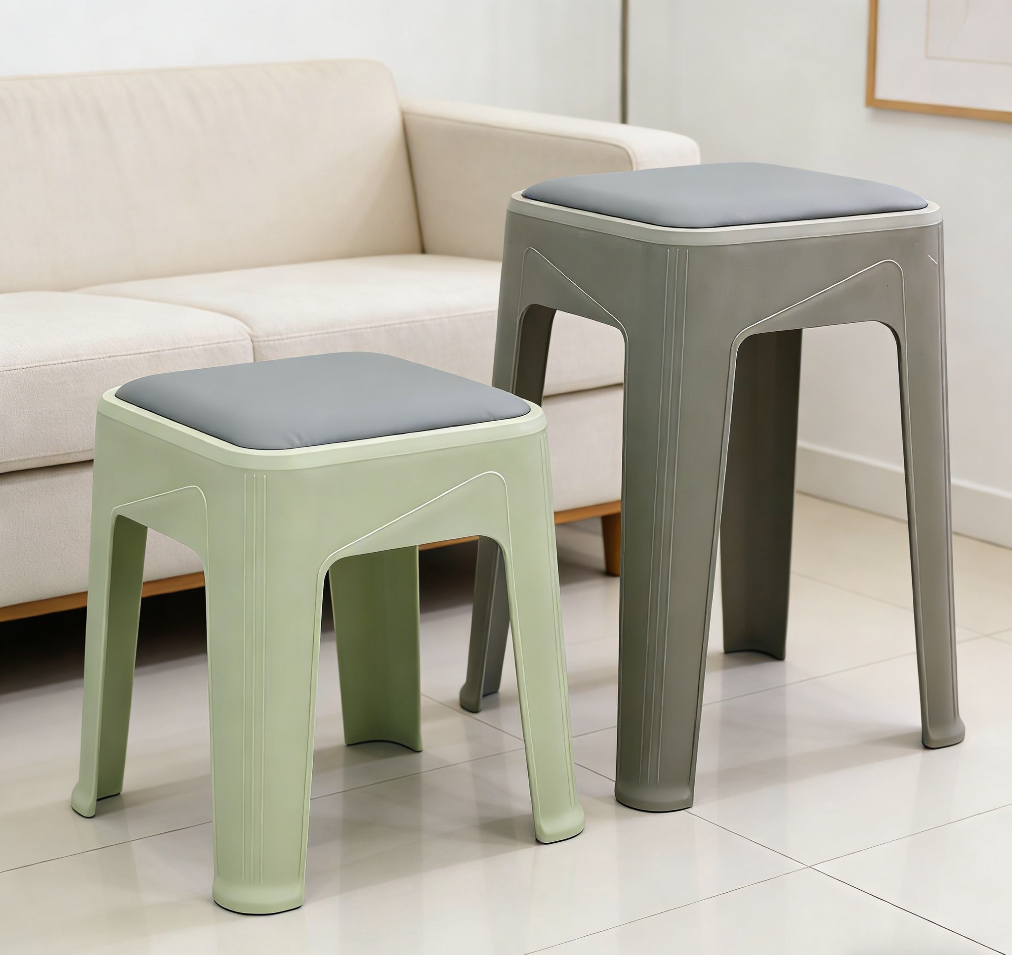 Soft and elastic plastic square stools reinforce load-bearing capacity, spare stools for living rooms and dining rooms, two-color soft-padded plastic stools, thickened anti-slip household high and low stools wholesale