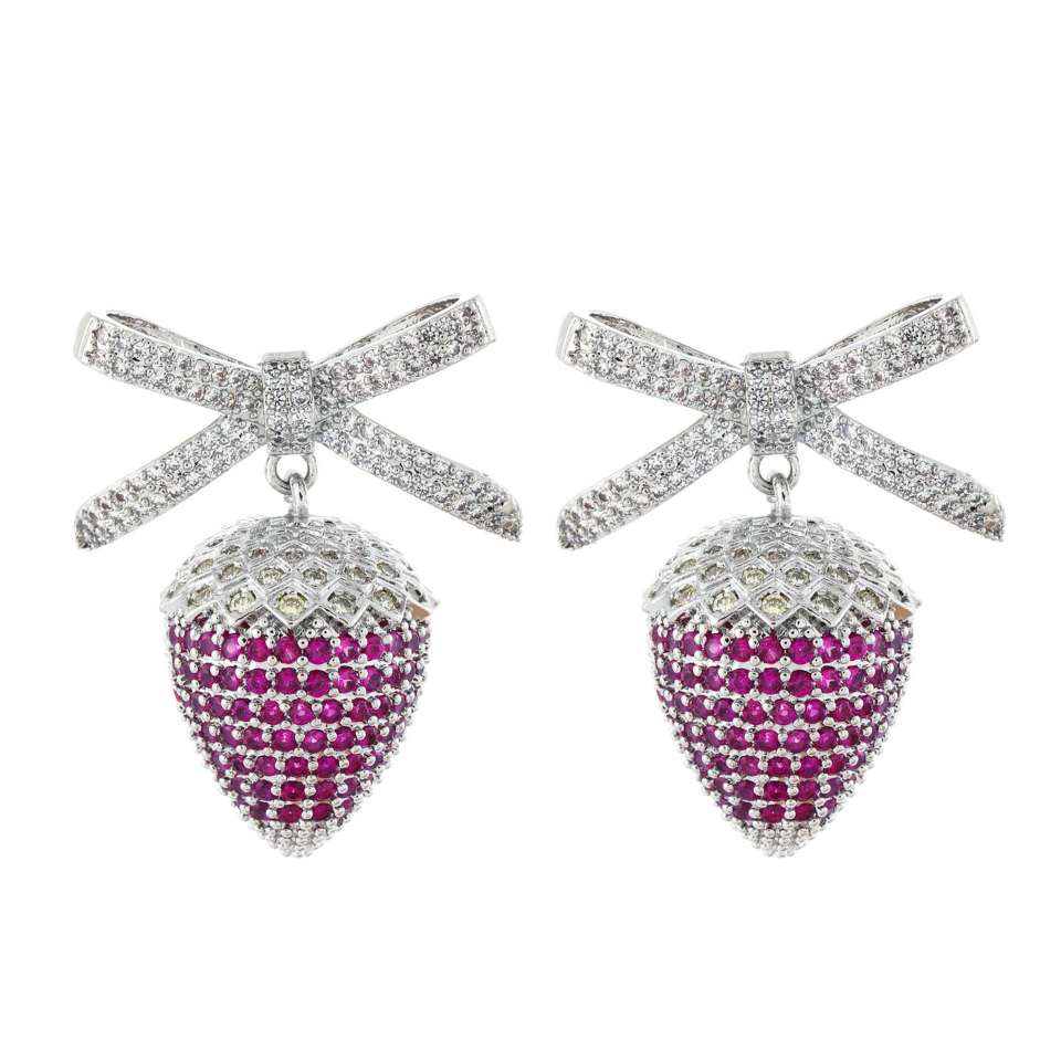New full-diamond bow strawberry earrings with a fashionable and light luxury design for women Item Picture