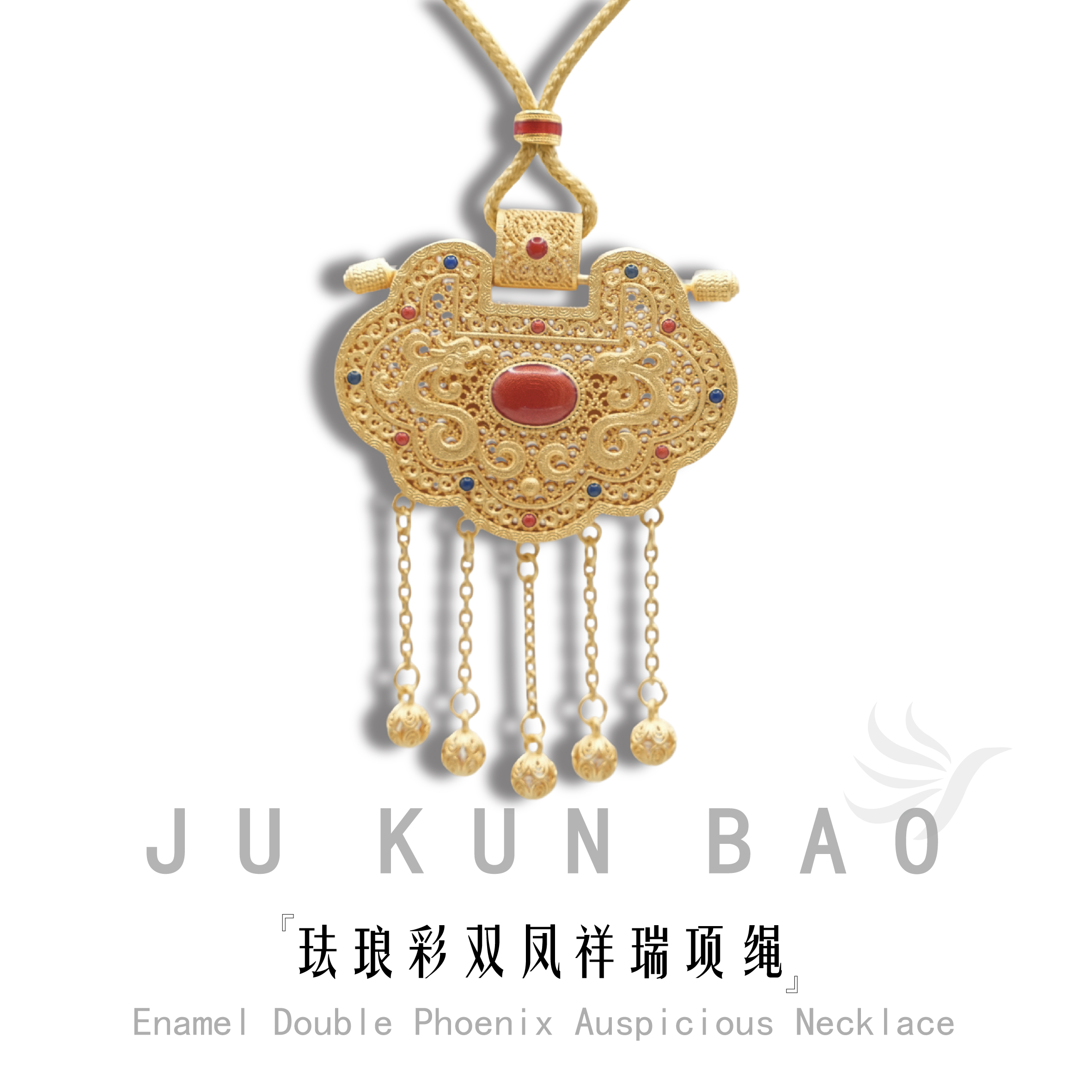 999 pure silver gold-plated enamel double Phoenix auspicious pendant necklace for women, short and elegant lanyard jewelry, classic style, new Chinese style