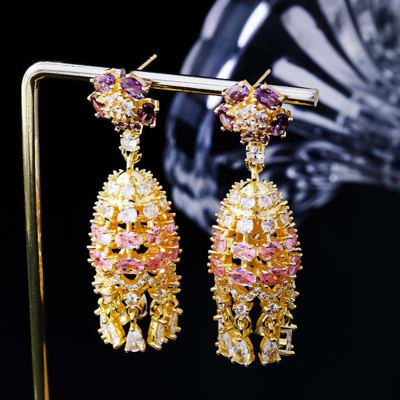 Retro purple flower gemstone tassel earrings, a light luxury and high-end, niche design of long earrings