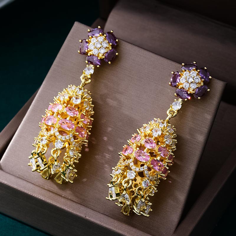 Retro purple flower gemstone tassel earrings, a light luxury and high-end, niche design of long earrings detail image 2