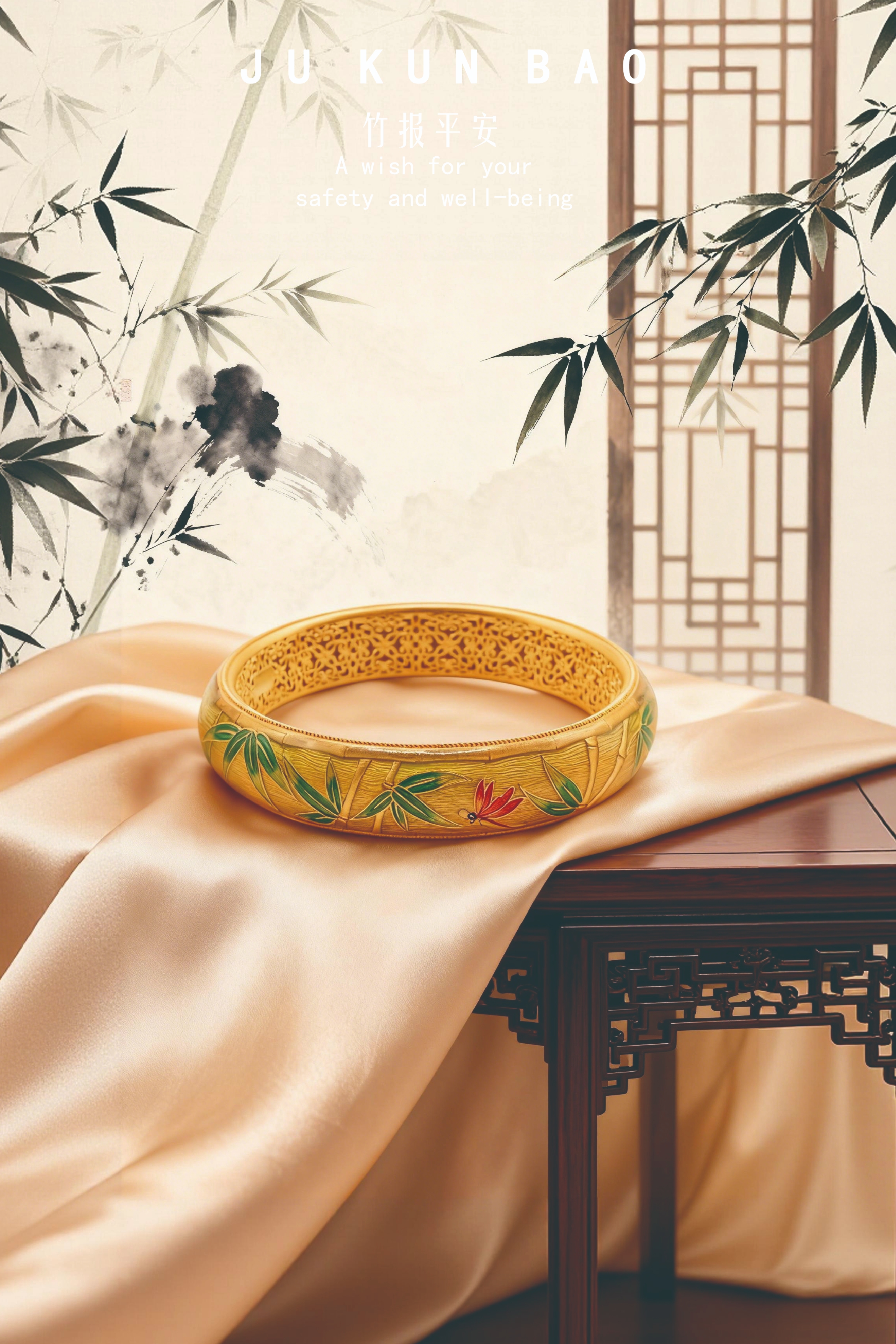 999 pure silver gold-plated ring mouth brushed bamboo peace enamel bracelet Item Picture