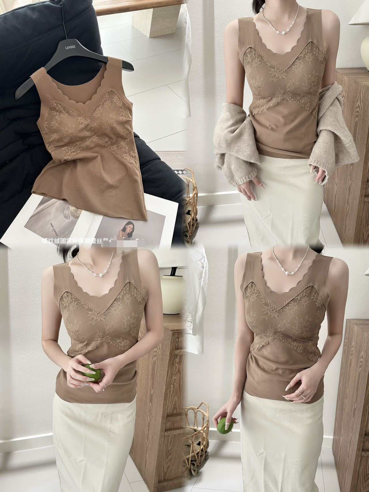 5003# Export thermal underwear, fixed cup lace thermal underwear, women's gathering and retracting breast thermal underwear, seamless outerwear, base layer, no need to wear bra, women's vest QNI details Picture
