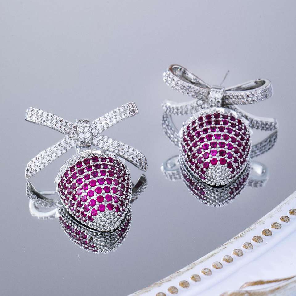 New full-diamond bow strawberry earrings with a fashionable and light luxury design for women detail image 3
