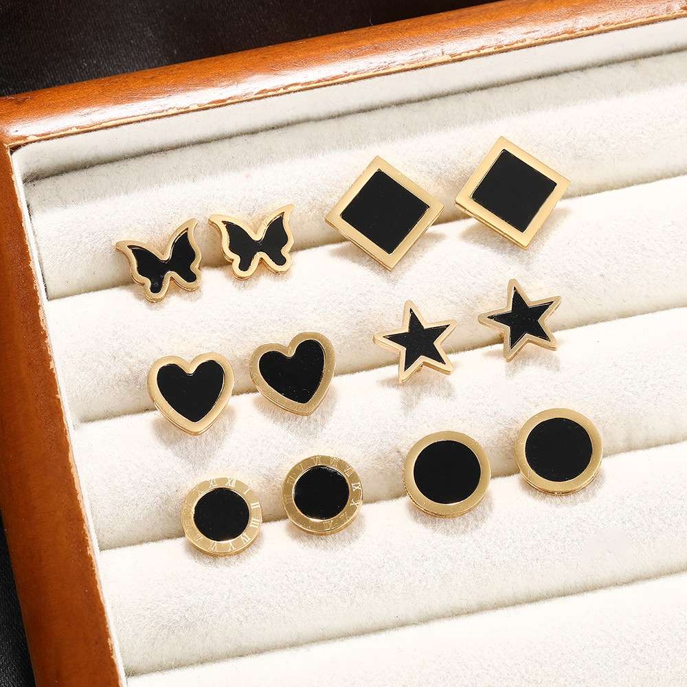 不锈钢黑色蝴蝶耳环几何图形耳钉圆形耳环跨境简单耳环