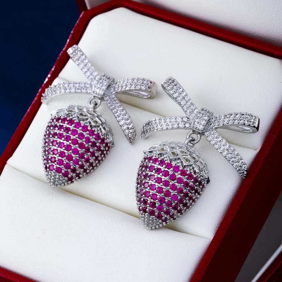 New full-diamond bow strawberry earrings with a fashionable and light luxury design for women detail image 2