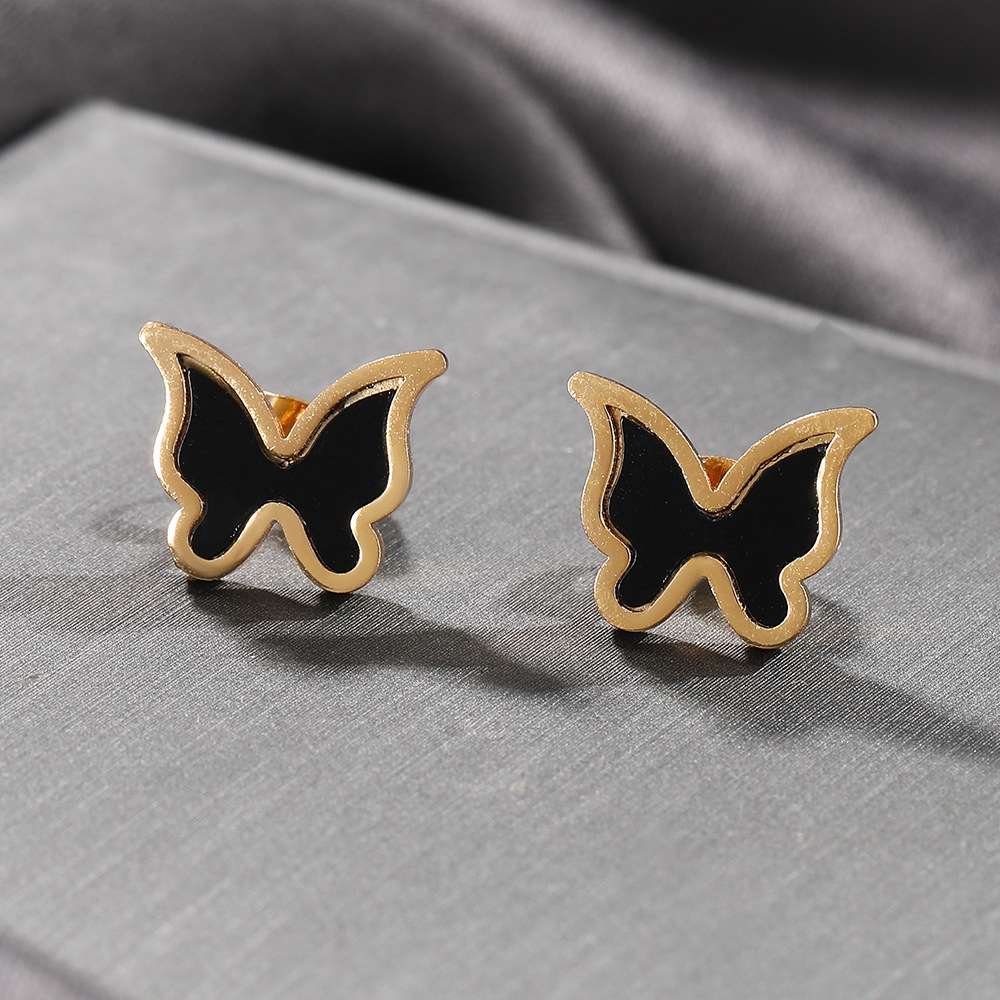 Stainless steel black butterfly earrings, geometric stud earrings, round earrings, cross-border simple earrings detail image 6