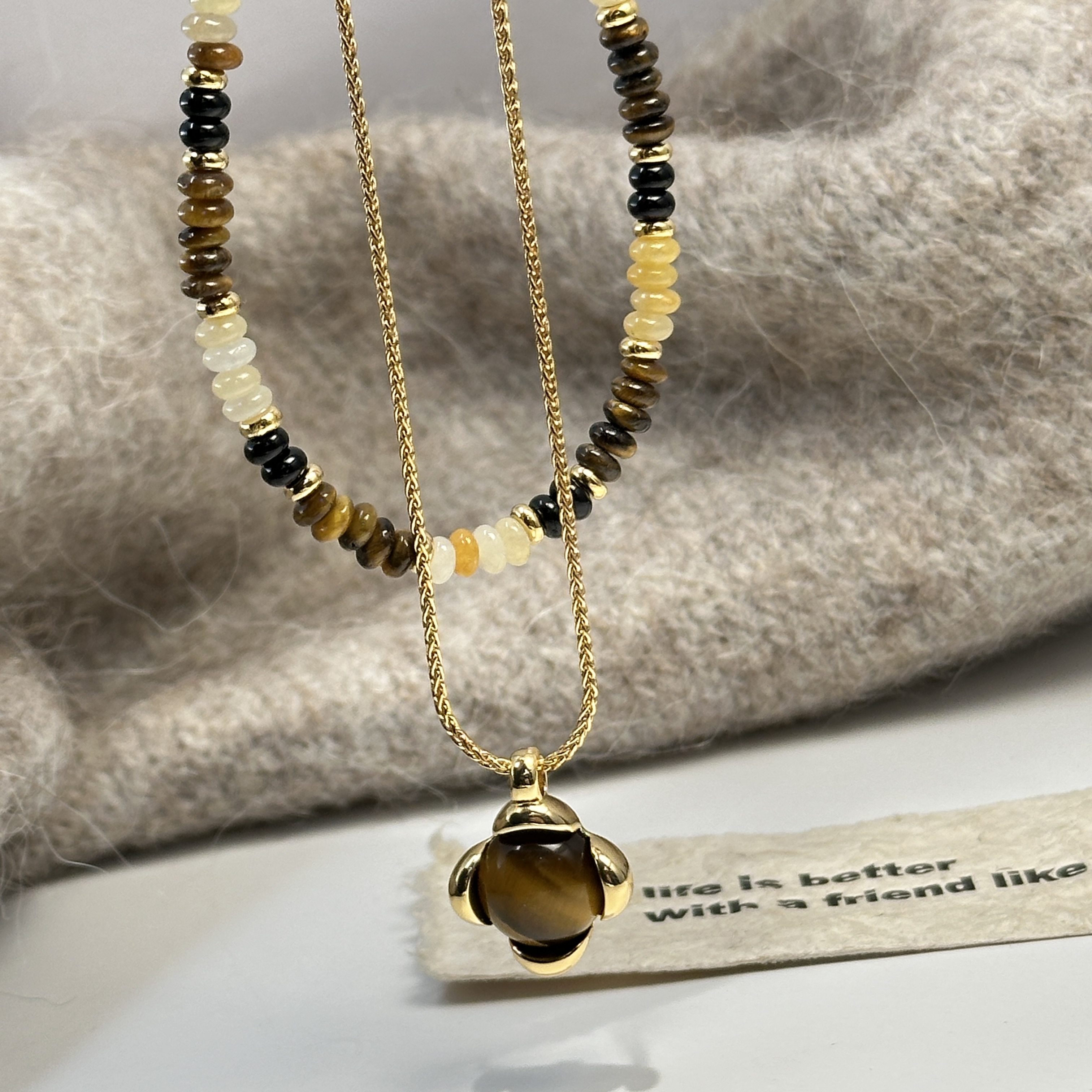 优雅四叶花虎眼石叠戴项链女秋冬百搭经典简约时尚百搭轻奢风项链