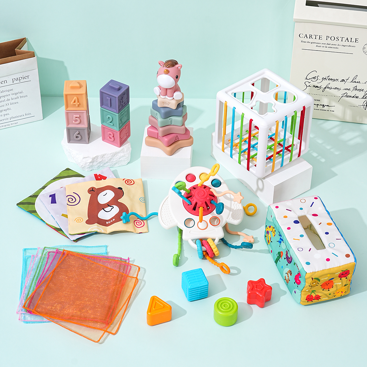 儿童益智玩具智能早教书启蒙学习玩具适合0岁以上儿童益智启蒙教育玩具，六合一软胶玩具套装