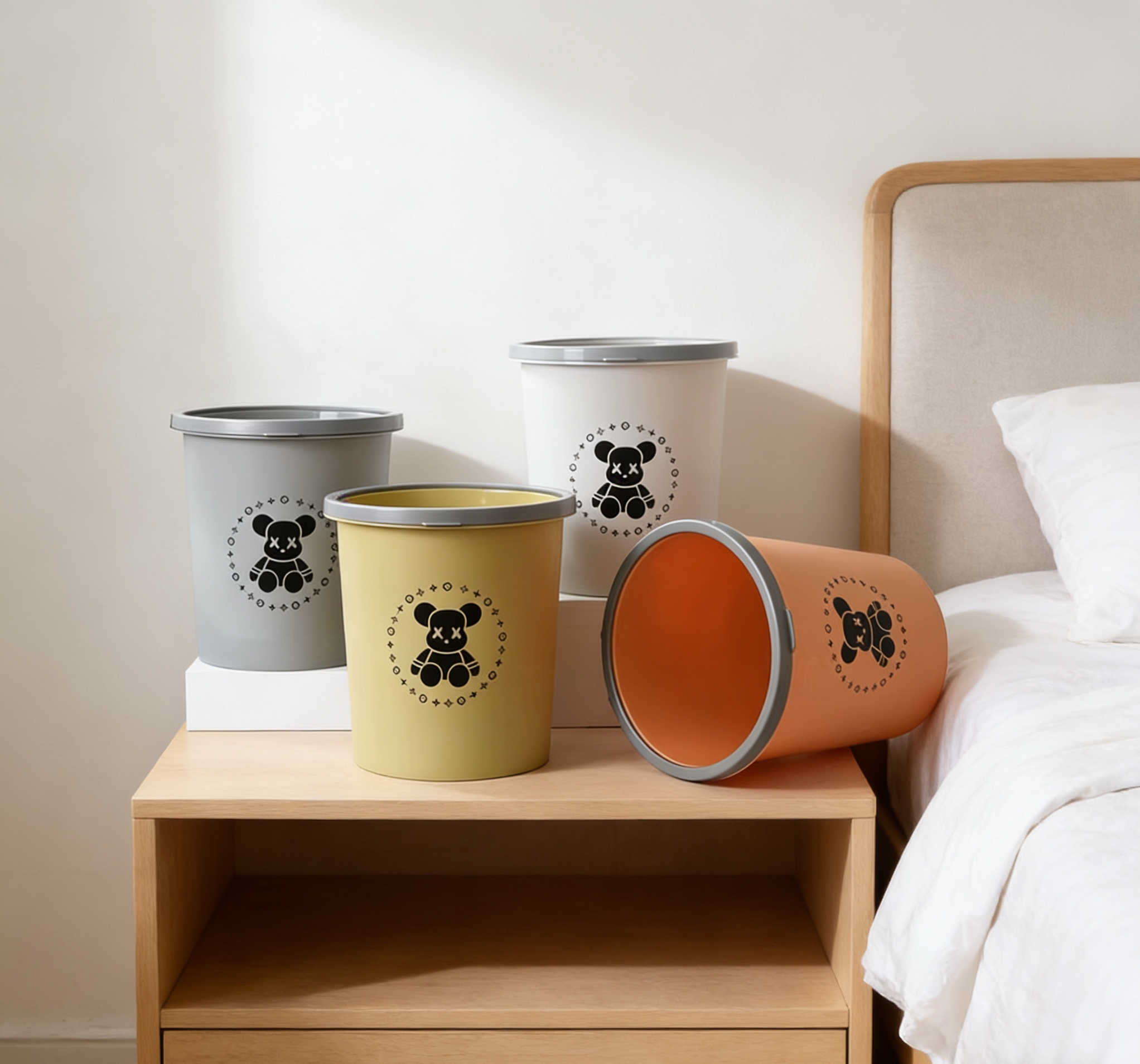 Wholesale of 2026 new cartoon bear pressure ring trash cans in multiple colors, thickened and wear-resistant, light luxury style for home living rooms details Picture