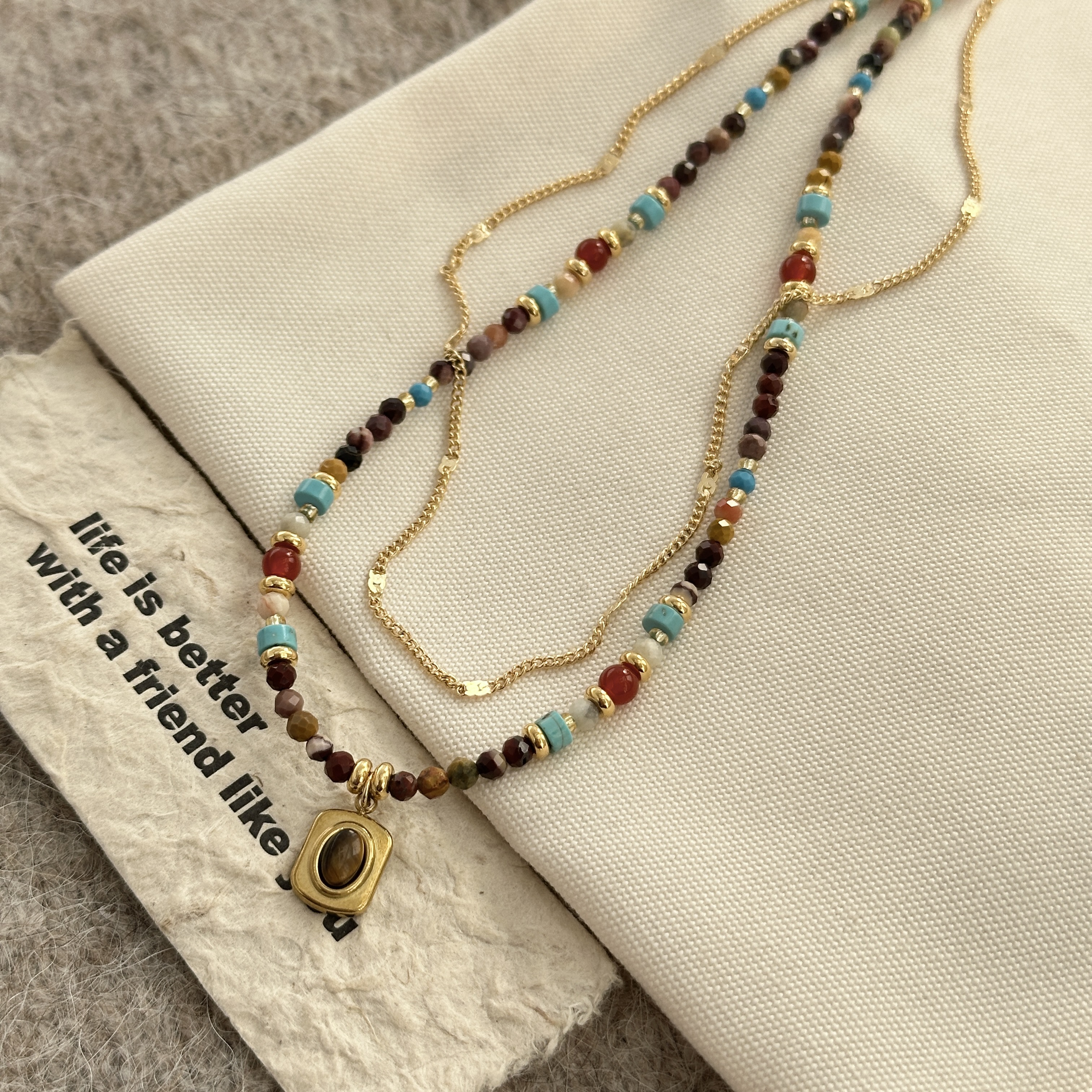 Colorful bead necklace, rice beads, string beads, wooden beads, crystal loose beads, fashionable accessory, simple and versatile gift for women Item Picture