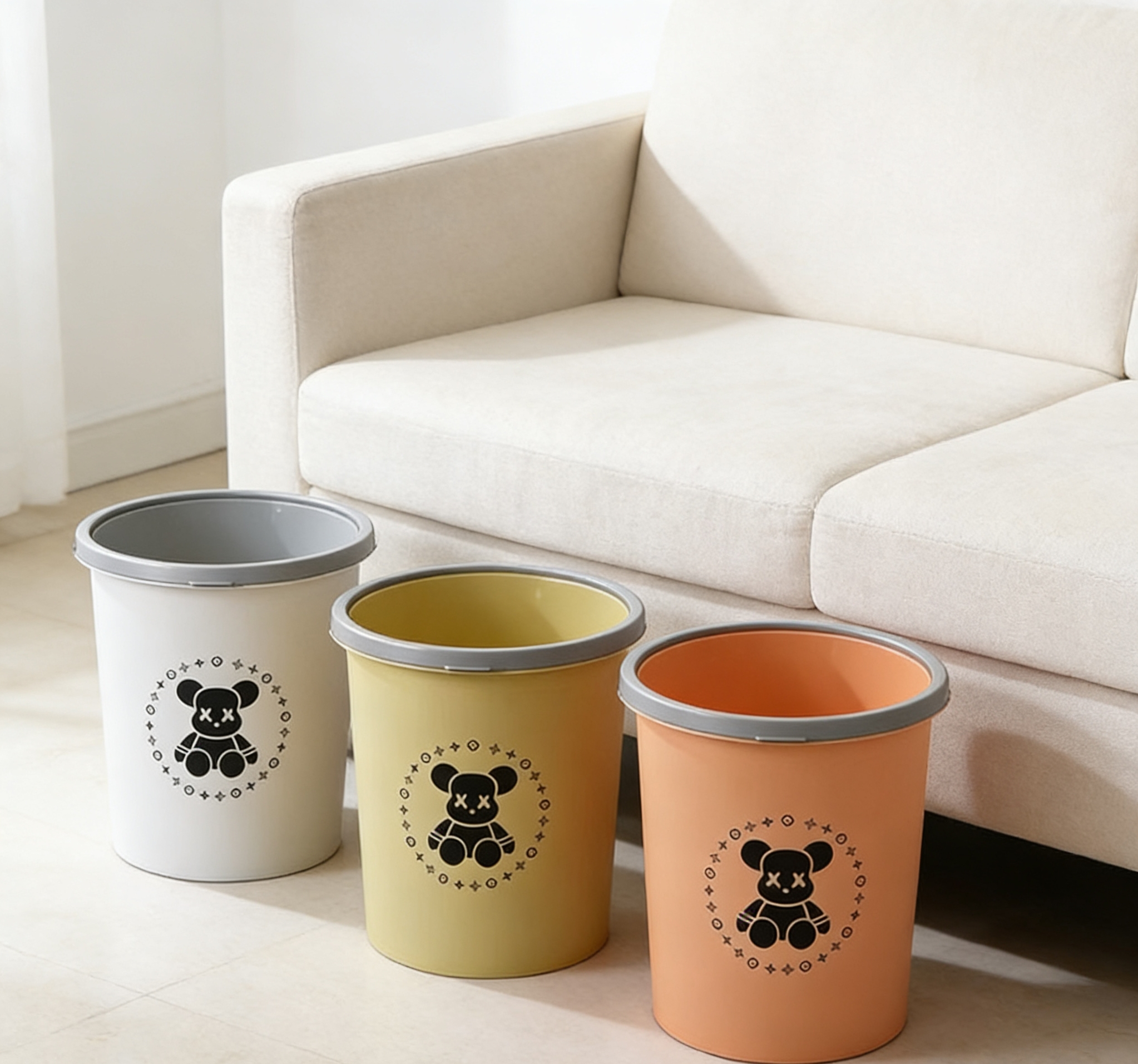 2026新款卡通熊压圈垃圾桶多色可选加厚耐磨家用客厅轻奢风废纸桶批发