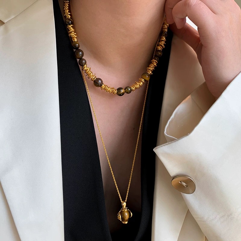 优雅虎眼石叠戴项链金属环设计天然石项链首饰经典简约气质百搭饰品