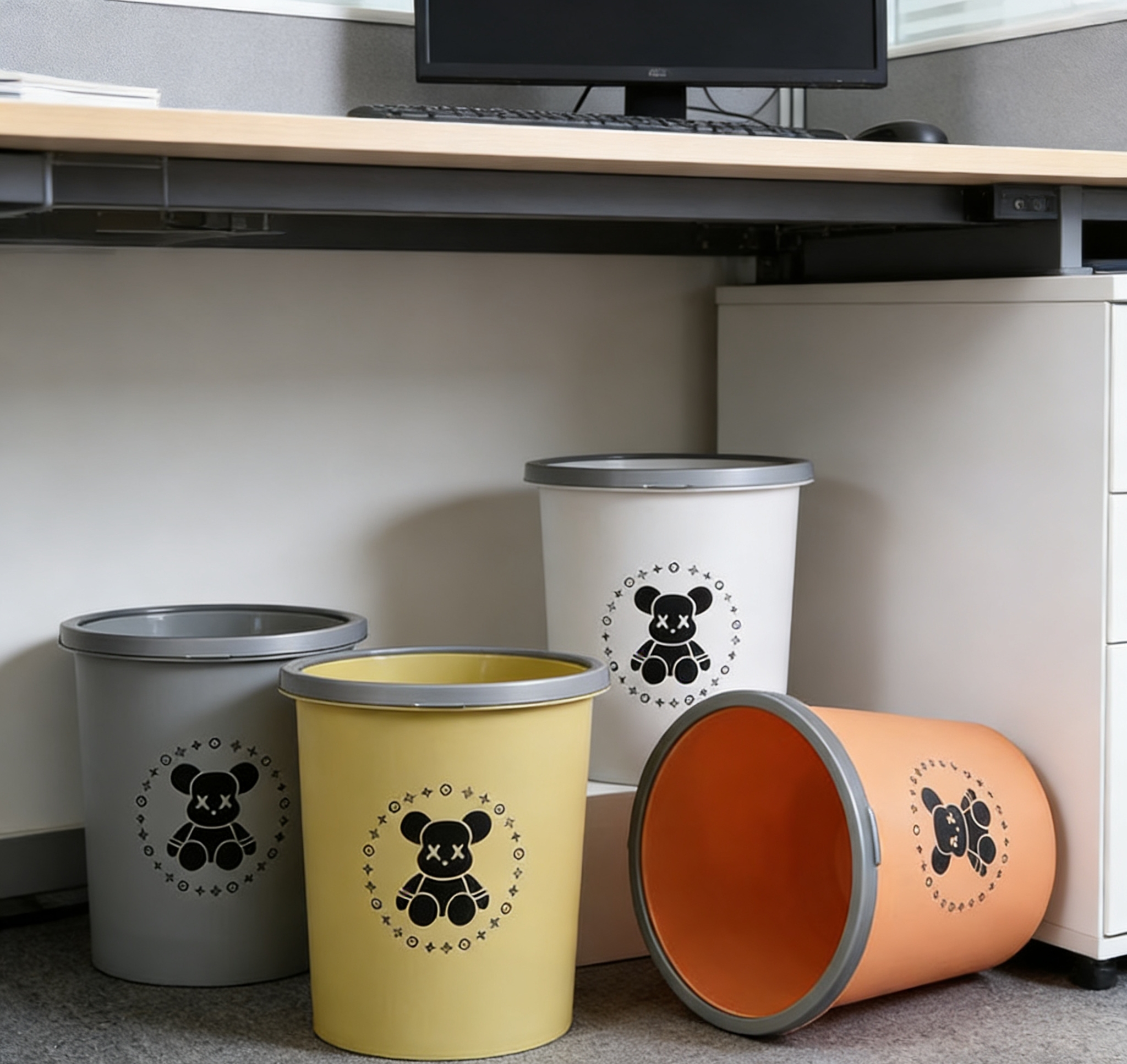 Wholesale of 2026 new cartoon bear pressure ring trash cans in multiple colors, thickened and wear-resistant, light luxury style for home living rooms Application Scenario