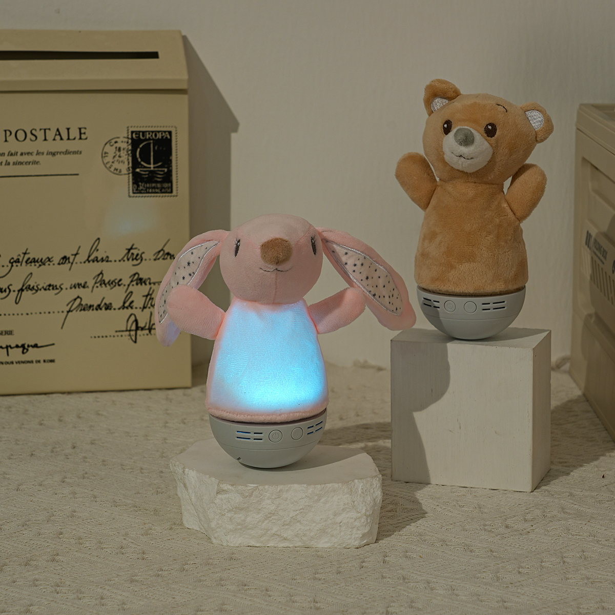 The plush toy night light in the shape of a little bear and rabbit can change the color of the light. The untoppleable plush toy is a companion and comfort doll for infants and children Item Picture
