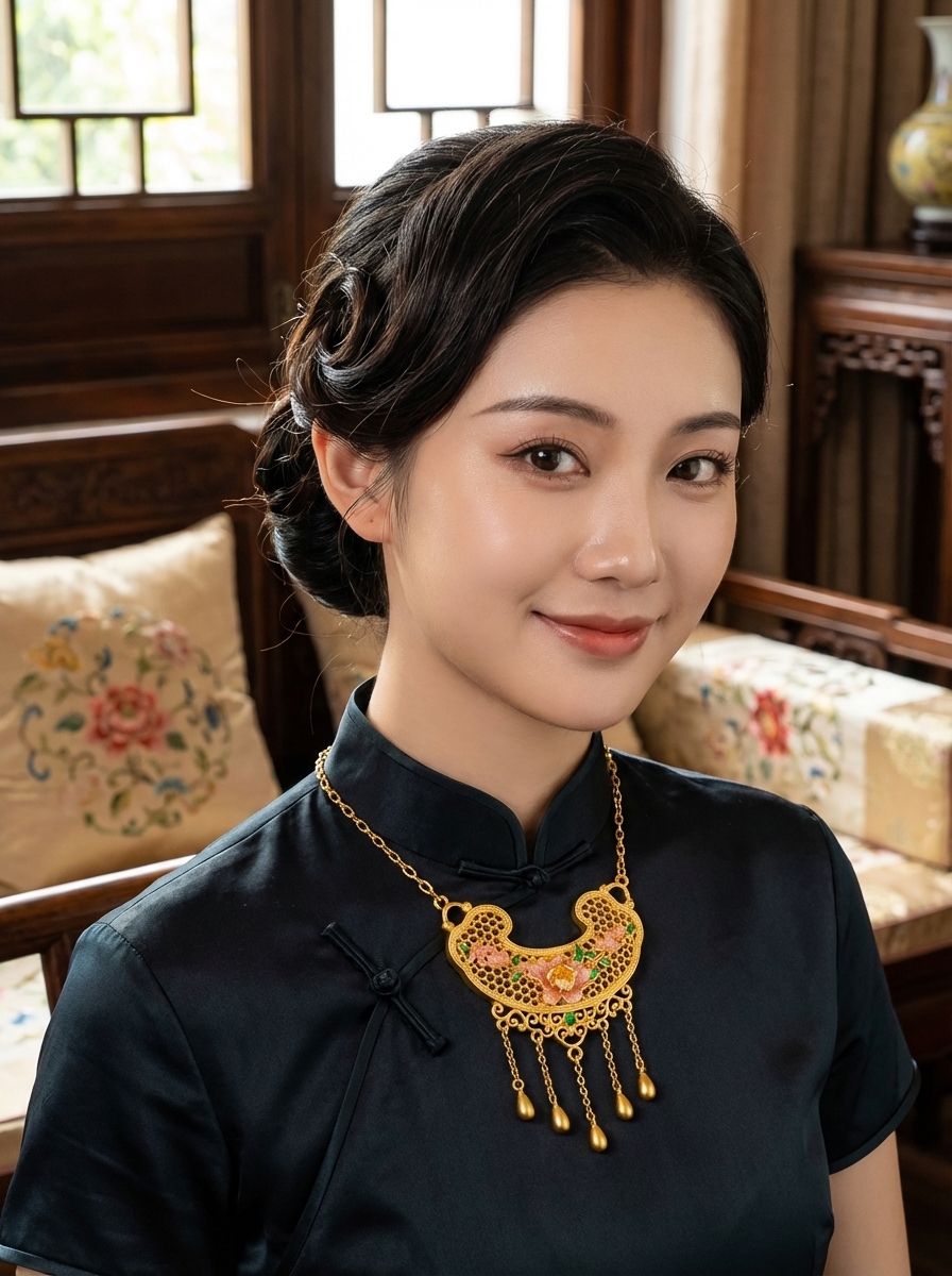 Golden floral pendant necklace, pearl lanyard, women's short safety lock, enamel color, elegant and classic jewelry accessory