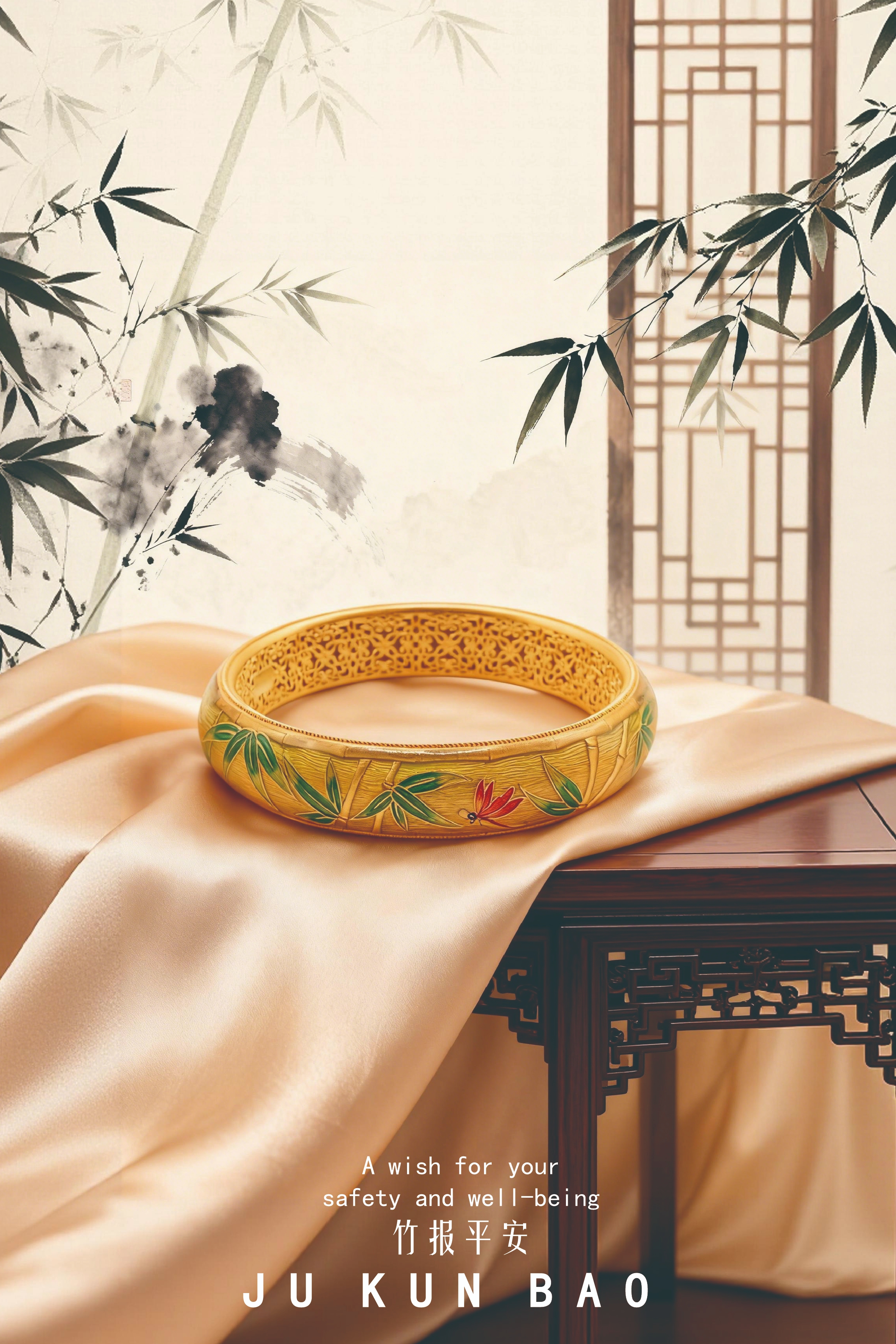 Golden bamboo herald peace theme bracelet, new Chinese-style silver-gilded gold jewelry Specification image