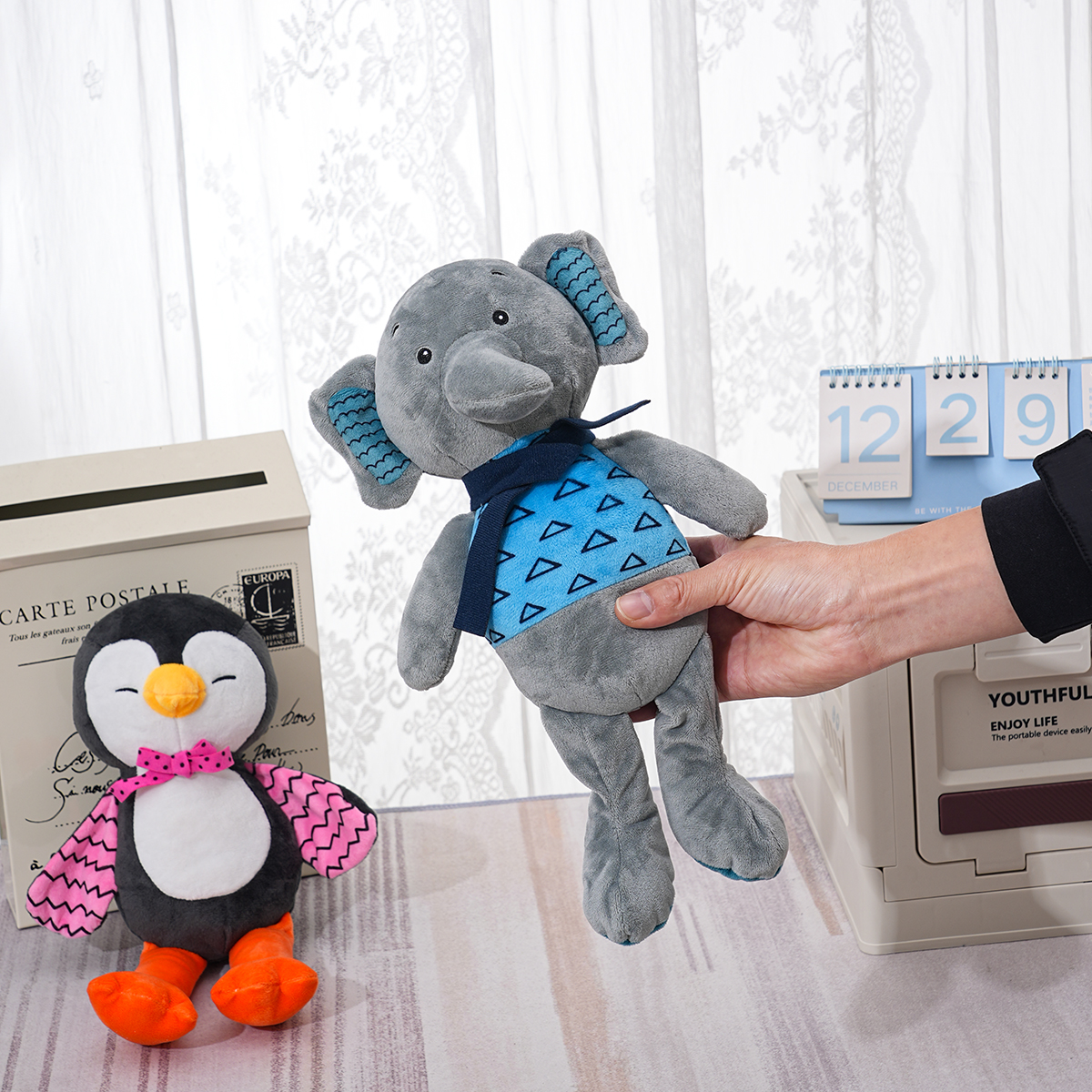 Baby and toddler soothing plush penguin and elephant dolls, cute dolls, children's toys, can play music, can be used as night lights, baby cry sensors, plush toys details Picture