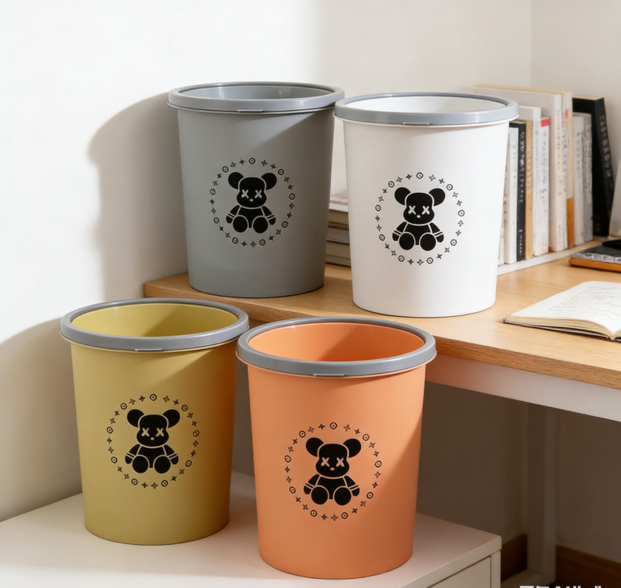 Wholesale of 2026 new cartoon bear pressure ring trash cans in multiple colors, thickened and wear-resistant, light luxury style for home living rooms Specification image