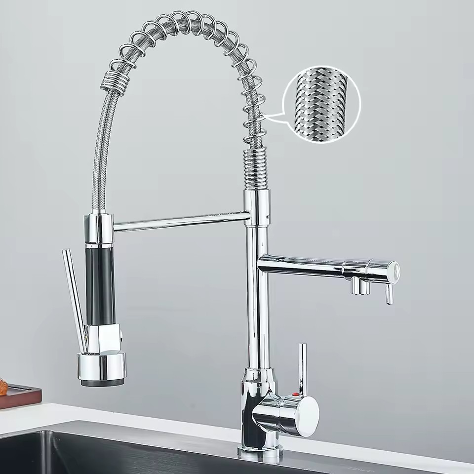 Cross-border black dual-function spring kitchen faucet, hot and cold universal rotating sink, splash-proof faucet Application Scenario