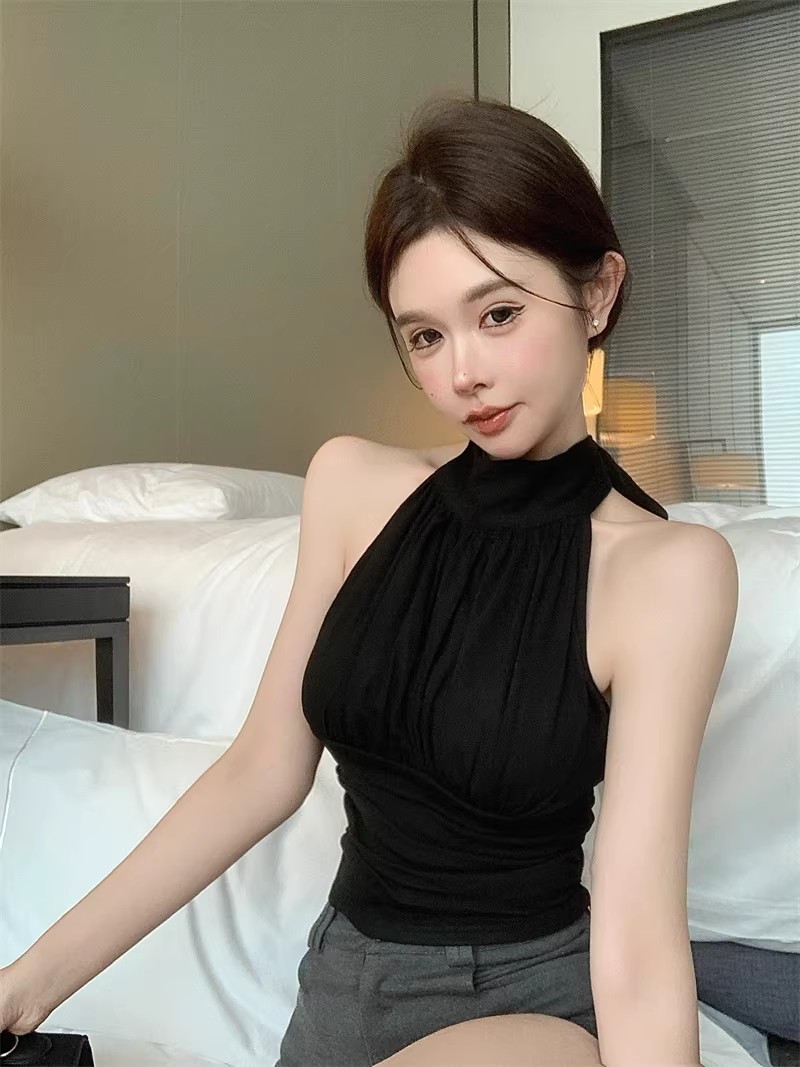 纯欲性感挂脖露背绑带抹胸背心带胸垫高腰修身直筒短款露脐纯上衣详情10