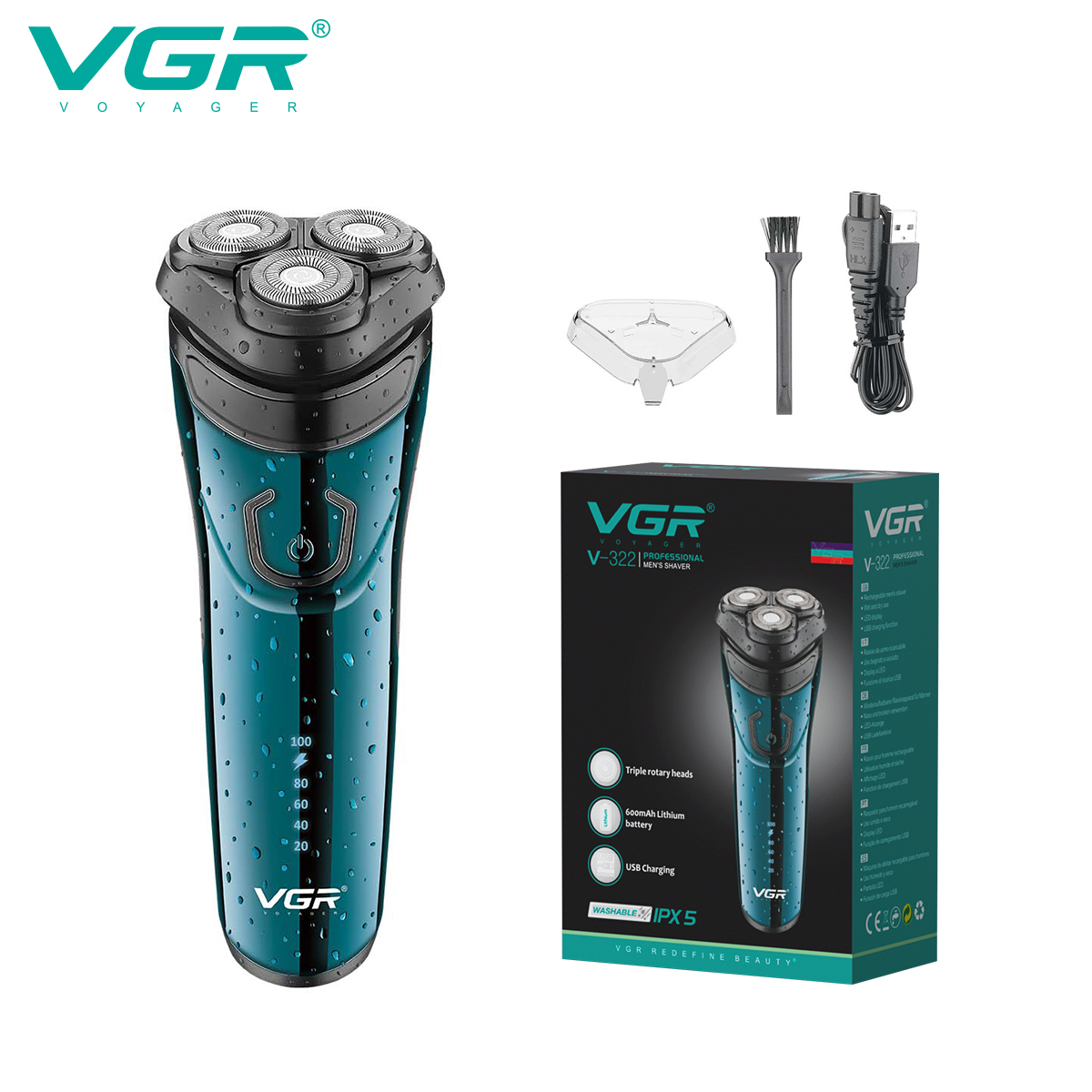 شفرة حلاقة كهربائية من طراز VGR322 مزود بثلاثة حلاقة ذات ثلاثة رؤوس للرجال