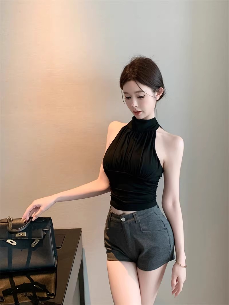 纯欲性感挂脖露背绑带抹胸背心带胸垫高腰修身直筒短款露脐纯上衣详情6